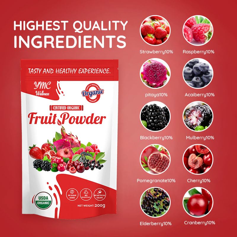 Organic Superfood Fruit Powder Smoothie & Juice mix - Antioxidants Rich Nutrients. Digestive Health, Weight Management, Immune Boosting, Energy boosting, Vitality, Vegan, Non- GMO, Gluten Free, Vegan. YMC Wellness Au supplements
