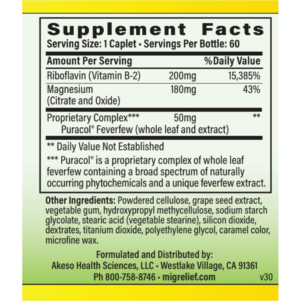 MigreLief Original Triple Therapy with Puracol - Nutritional Support for Migraine Sufferers - 60 Caplets/1 Month Supply MigreLief Au supplements