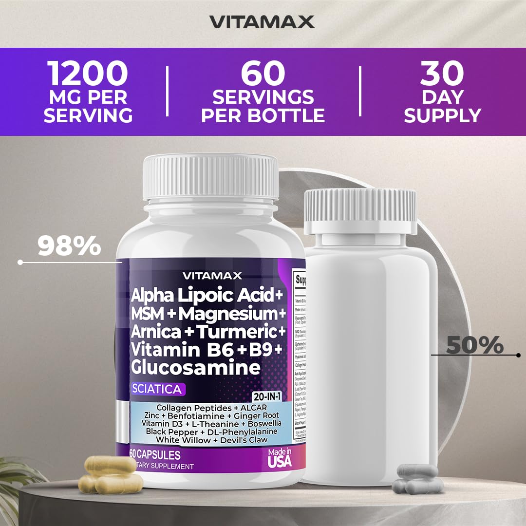 Sciatic Nerve Health Support - Sciatic Nerve Supplement Capsules with Folic Acid, Pea, Glucosamine, MSM, Vitamin B Complex, Alpha Lipoic Acid 300mg – 60ct – Made in USA Vitamax Au supplements