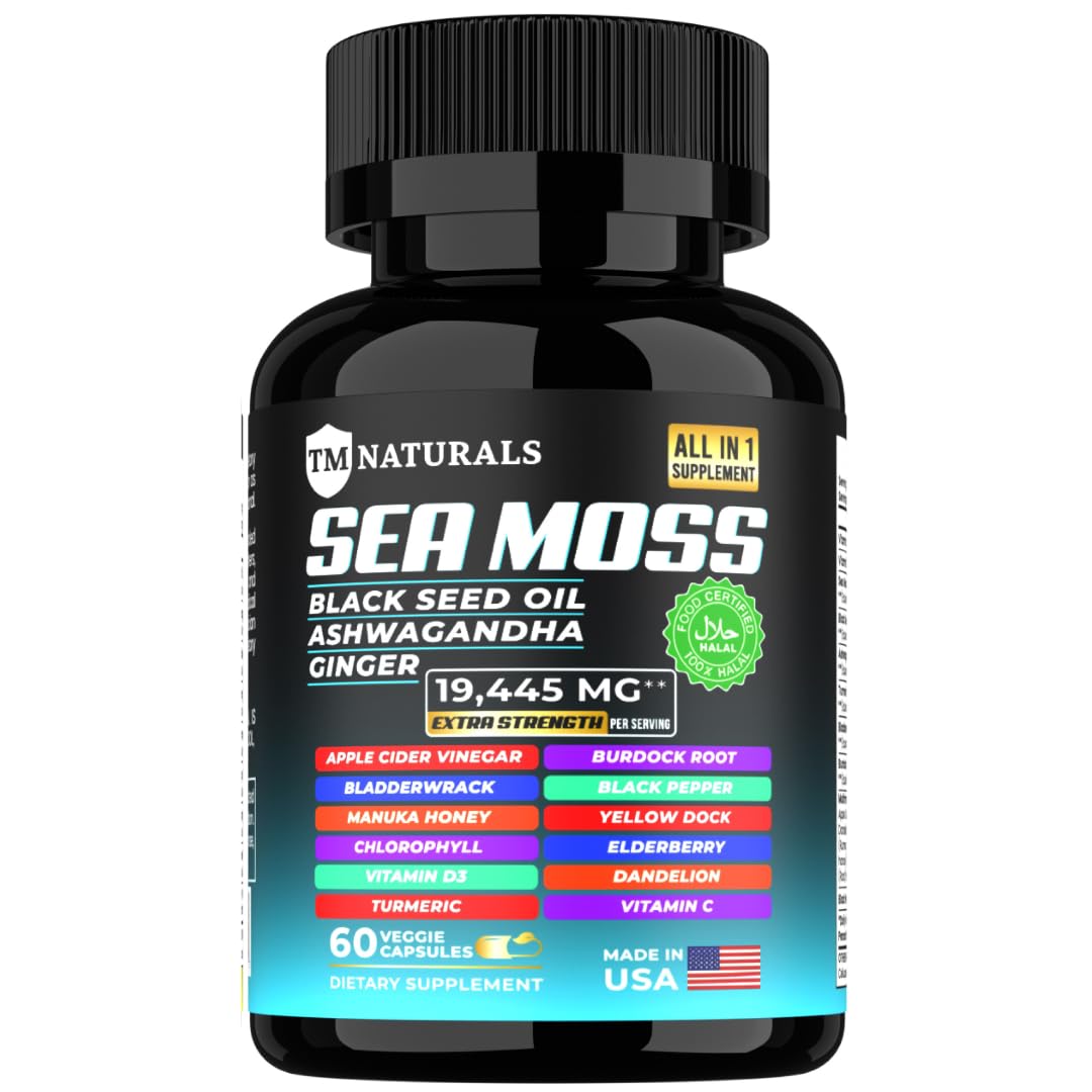 TM NATURALS Sea Moss with Black Seed Oil, Vitamin C, Ashwagandha and Turmeric for Immune Support & Energy - 60 Vegan Capsules + Free Pill Box TM NATURALS Au supplements