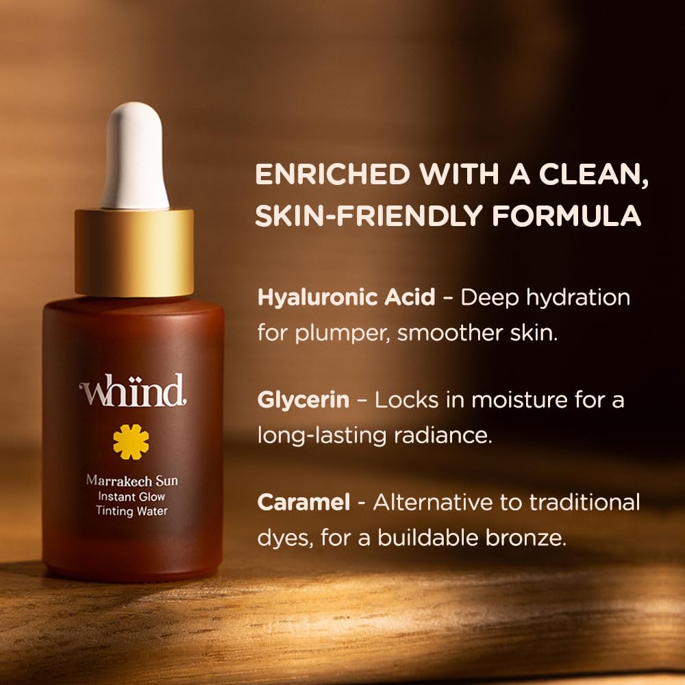 WHIND Marrakech Sun Instant Glow Tinting Water- Self Tanner Face Drops –Bronzing for Face –Lightweight Tanner/Natural Tan- Streak-Free Glow – Tan Drops for Radiant Skin - 1oz / 30ml WHIND Au supplements