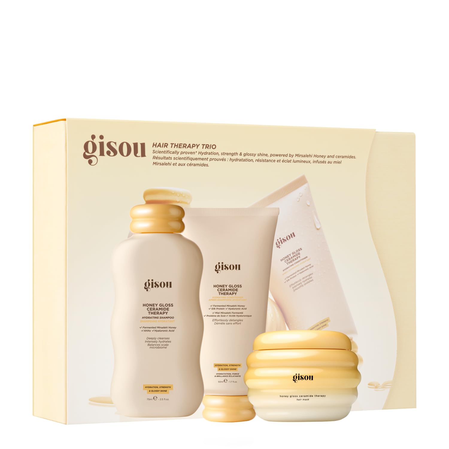 Gisou Honey Gloss Hair Therapy Trio - Mini Shampoo, Hair Mask and Conditioner for smoother, stronger and glossier hair Gisou Au supplements