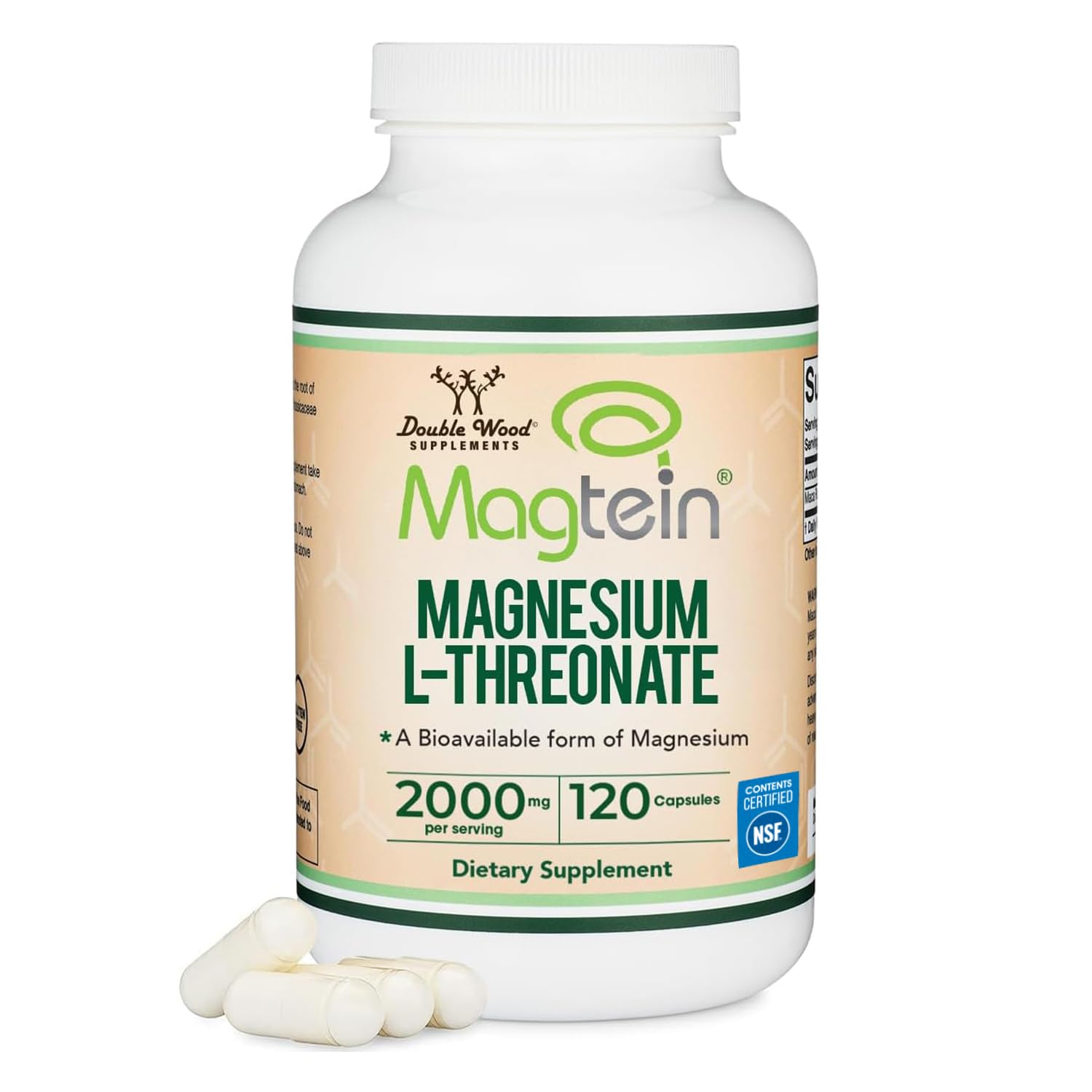 Magnesium L Threonate, Magtein - NSF Certified - Sleep and Cognitive Support – High Absorption – Most Bioavailable Form of Magnesium – 2,000 mg – 120 Capsules Double Wood Supplements Au supplements