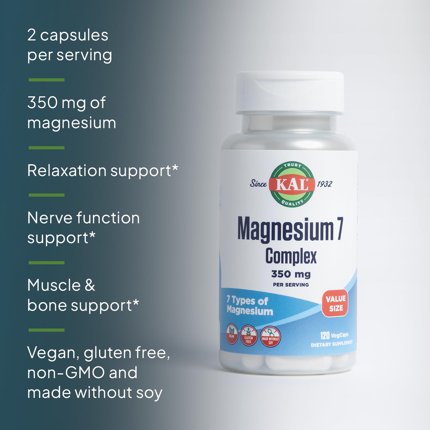 KAL Magnesium Complex 7 - Total Complex with Magnesium Glycinate, Citrate, Malate and More - Relaxation and Whole Body Support Supplements - Vegan, 60-Day Guarantee - 60 Servings - 120 VegCaps KAL Au supplements