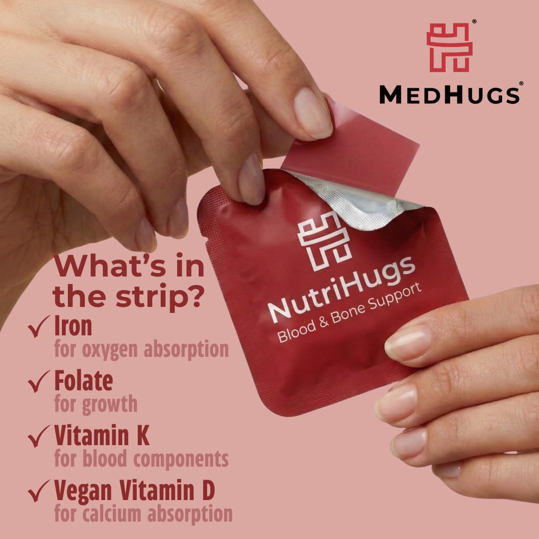 MedHugs NutriHugs Blood and Bone Support - Iron, Folate, Vitamin D3 and K2 - Fast-Dissolving Oral Thin Film Strips - Non-Constipating Iron - Vegan, Sugar-Free, Non-GMO - 30 Strips MedHugs Au supplements