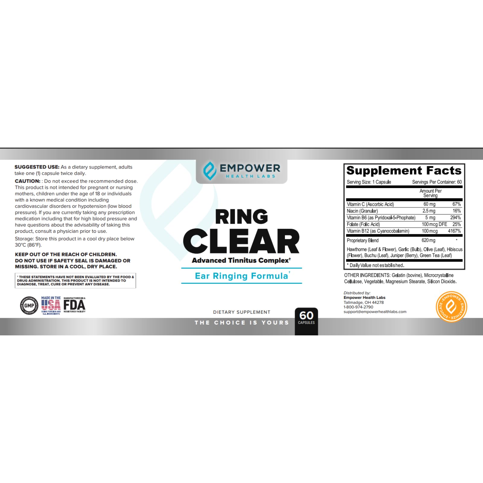 Empower Health Labs Ring Clear All-Natural Ear Buzz Relief Formula for Lasting Relief from Incessant Ear Buzzing - 30-Day Supply Empower Health Labs Au supplements
