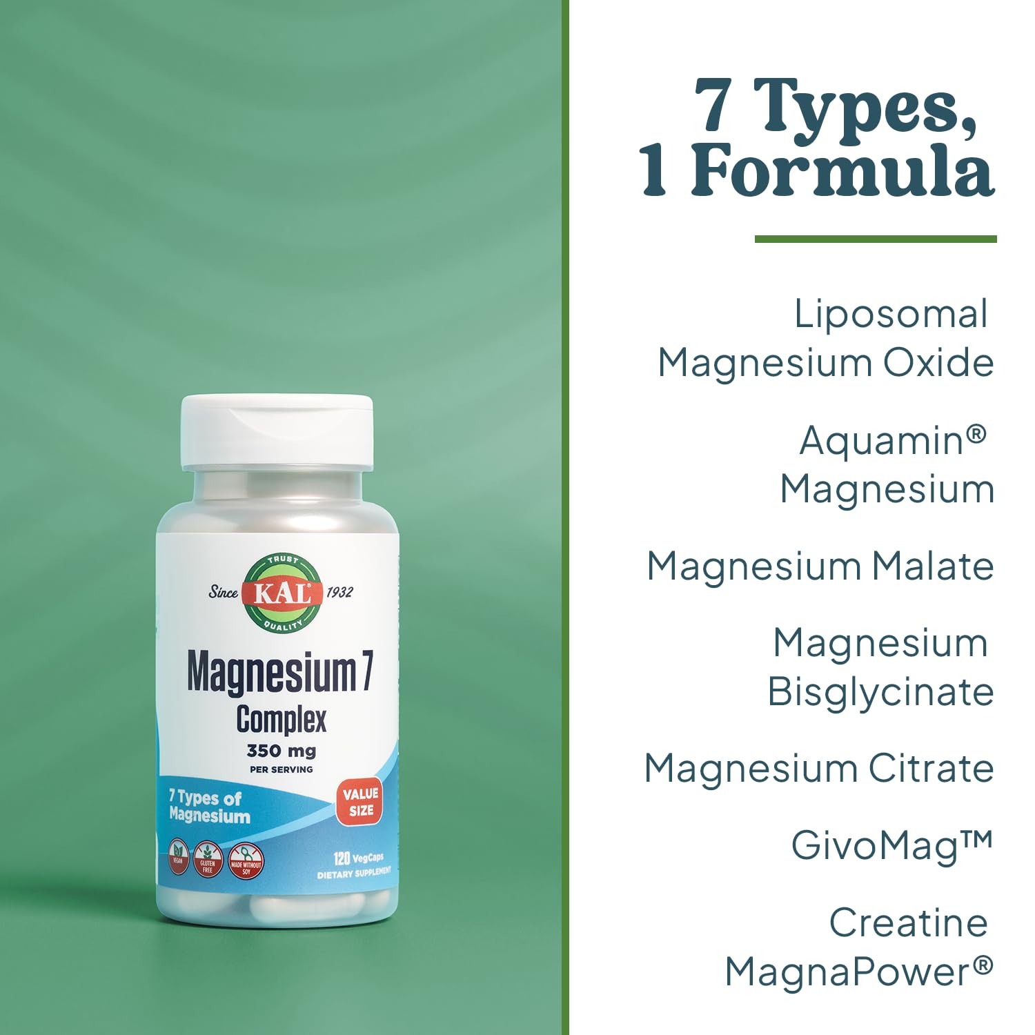 KAL Magnesium Complex 7 - Total Complex with Magnesium Glycinate, Citrate, Malate and More - Relaxation and Whole Body Support Supplements - Vegan, 60-Day Guarantee - 60 Servings - 120 VegCaps KAL Au supplements