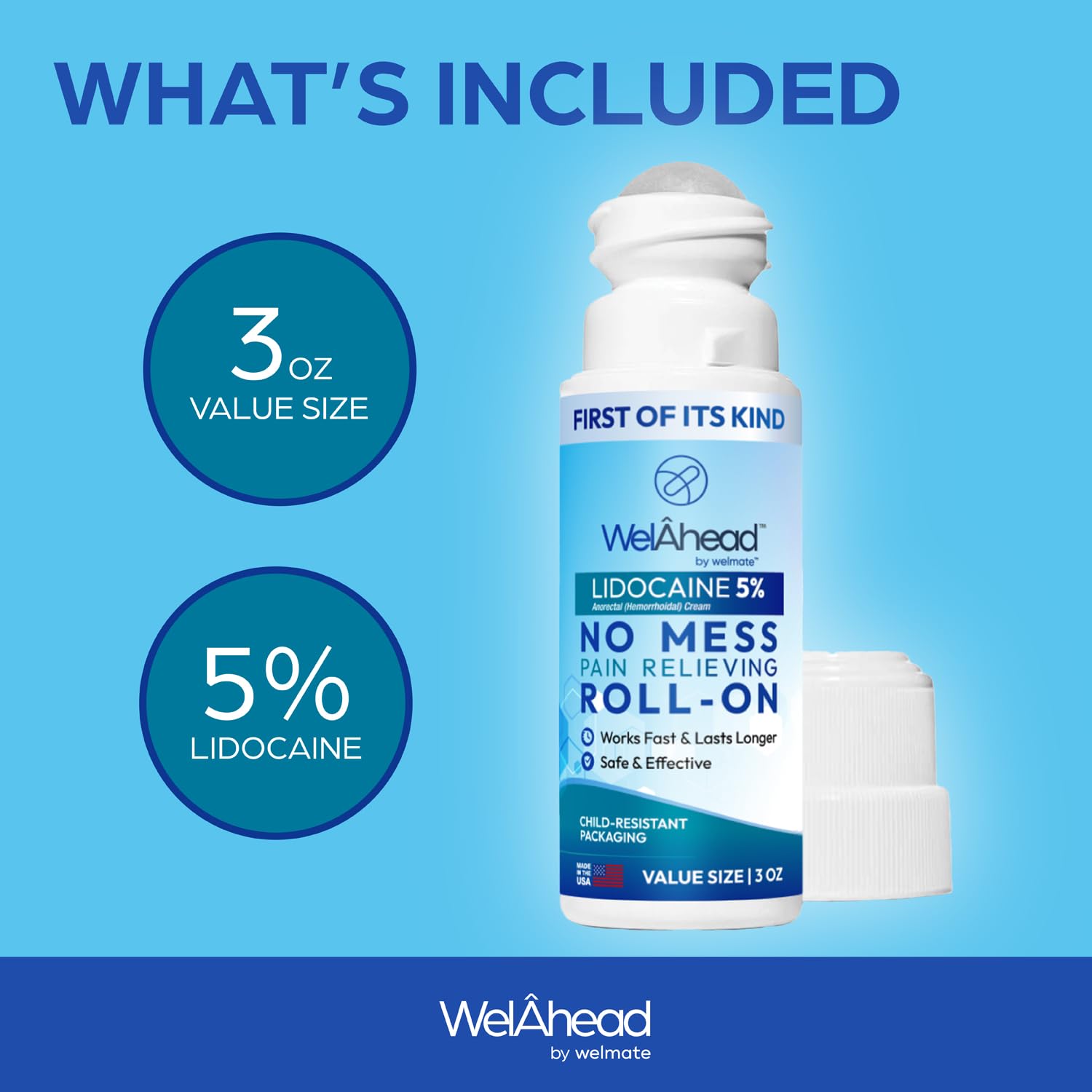 WELMATE - 5% Lidocaine Roll-On (3 oz Value Size) - No Mess Targeted Relief - Topical Anesthetic - Hemorrhoid Relief - Aloe Vera - Fast Acting & Long Lasting - Over-The-Counter Medication - First Aid WELMATE Au supplements