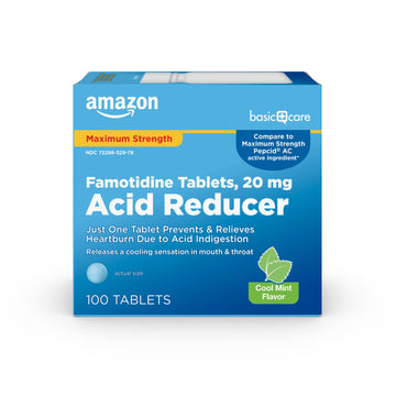 Amazon Basic Care Maximum Strength Famotidine 20mg Tablets, Acid Reducer, Prevents & Relieves Heartburn, Acid Indigestion, Cool Mint, 100 Count Amazon Basic Care Au supplements
