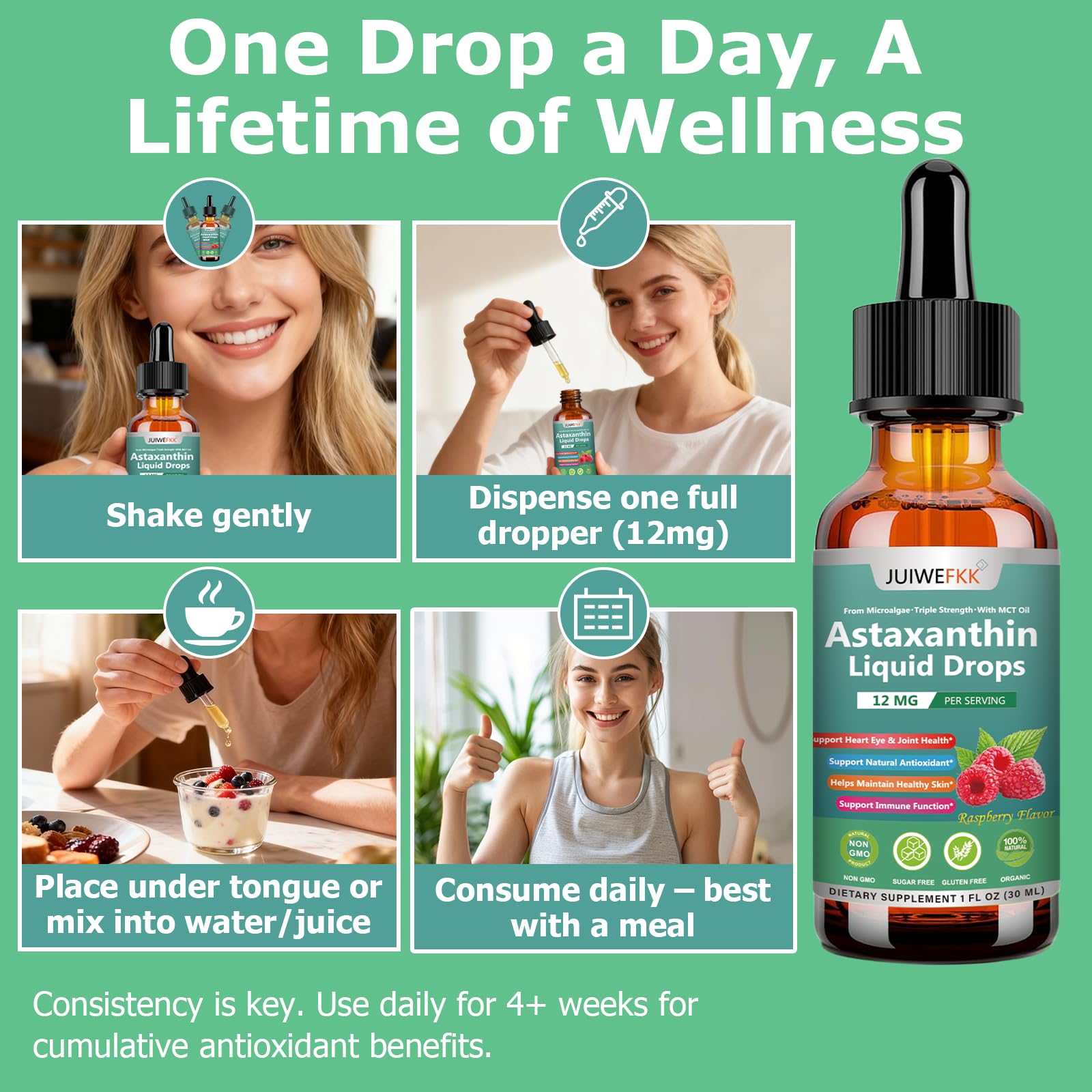 JUIWEFKK Astaxanthin Supplement 12mg Liquid Drops, Premium Natural Astaxanthin Antioxidant from Fresh Microalgae Source w. Mct Oi for Eye Immune Joint Skin Health, Liquid Formula for Max Absorption JUIWEFKK Au supplements