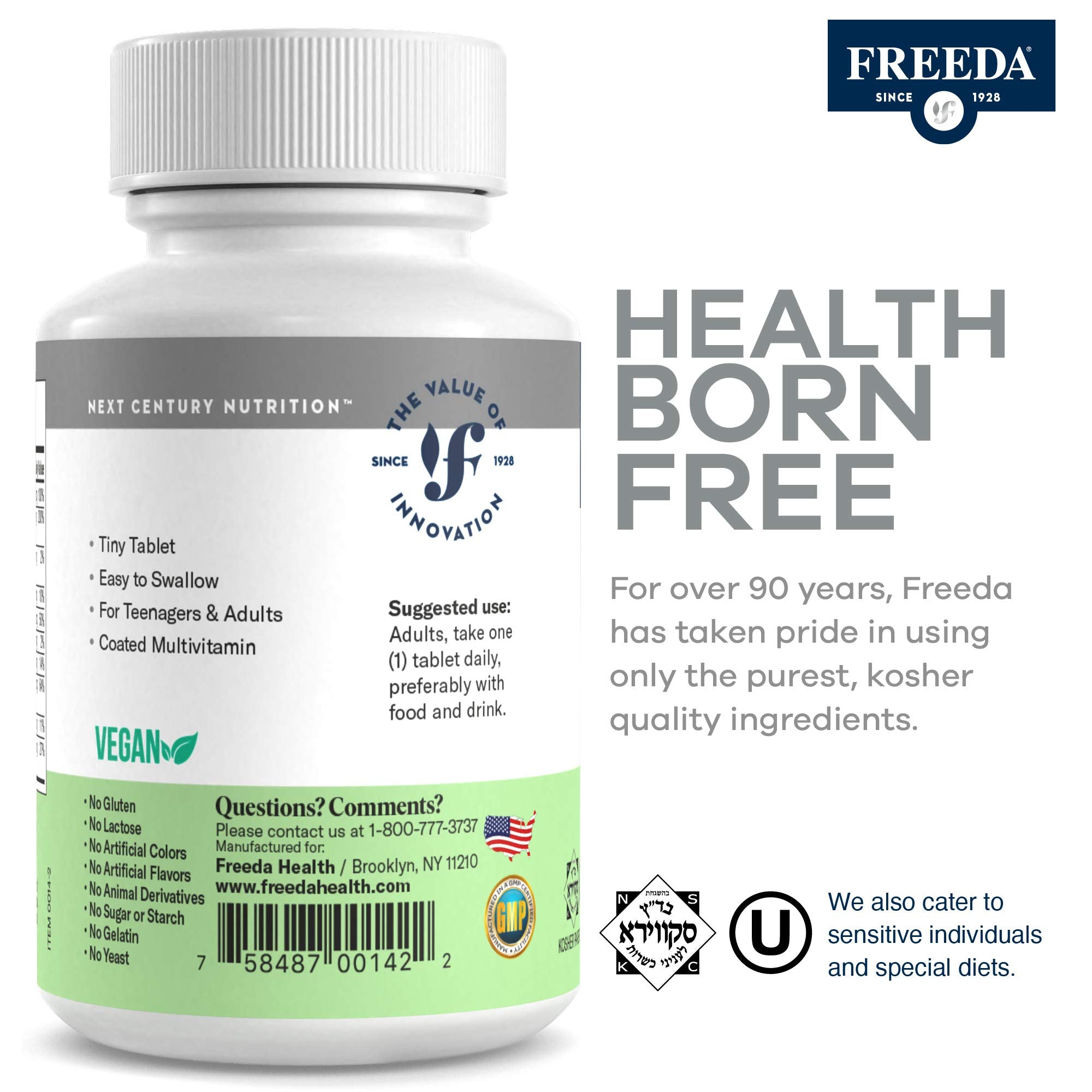 Freedavite Tiny Tablet - Moderate Multivitamin for Men and Women - Pure Vitamin A, C, D, E, B1, B2, B6, B12, Biotin, Calcium, Zinc, Iron, Magnesium