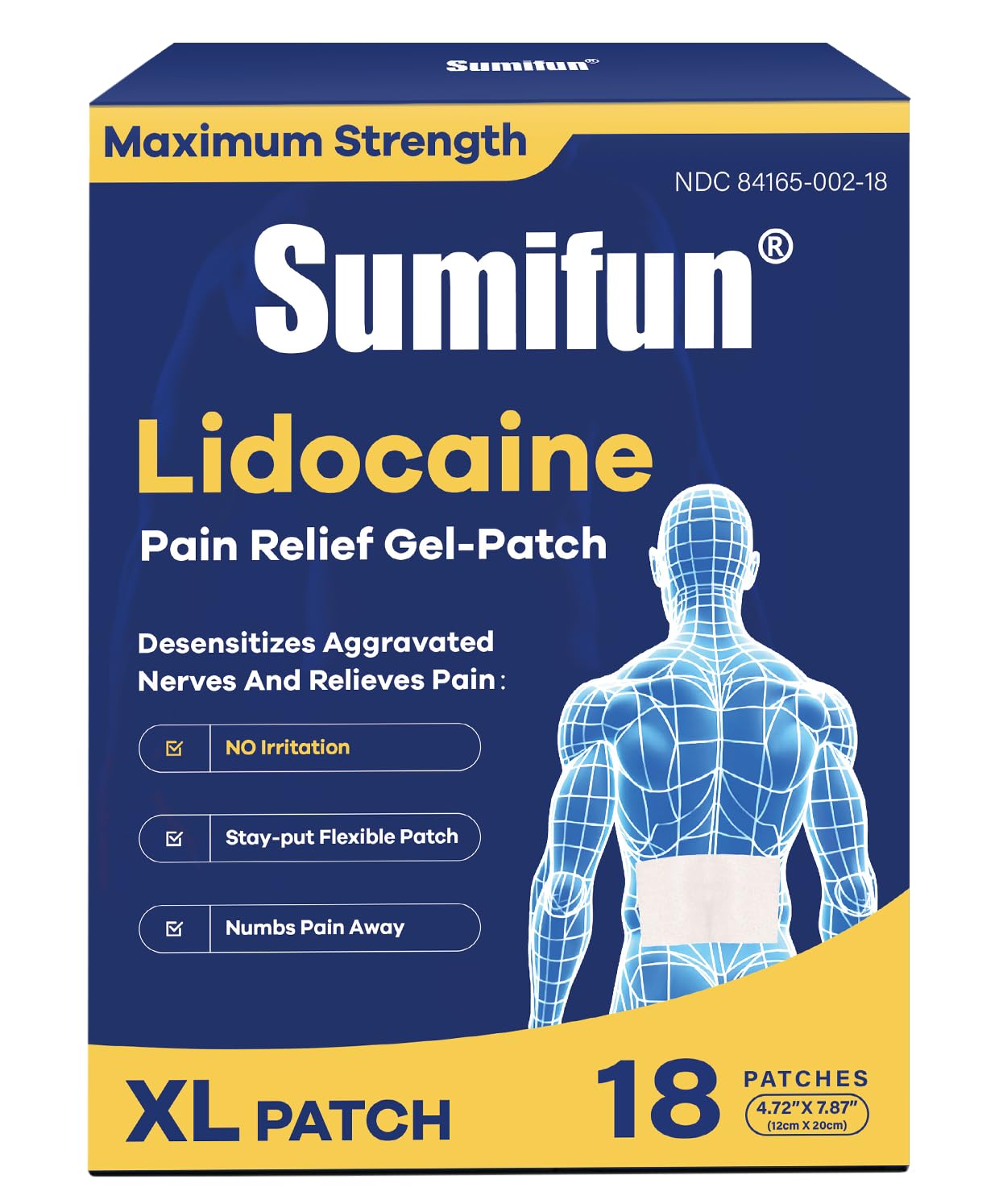 Sumifun 4% Lidocaine XL Pain Patches | Extra Large 4.72"x7.87" for Full Back & Thigh Coverage | Maximum Strength OTC Numbing | 8-Hour Medical Adhesion (X-Large, Count, 18) Sumifun Au supplements