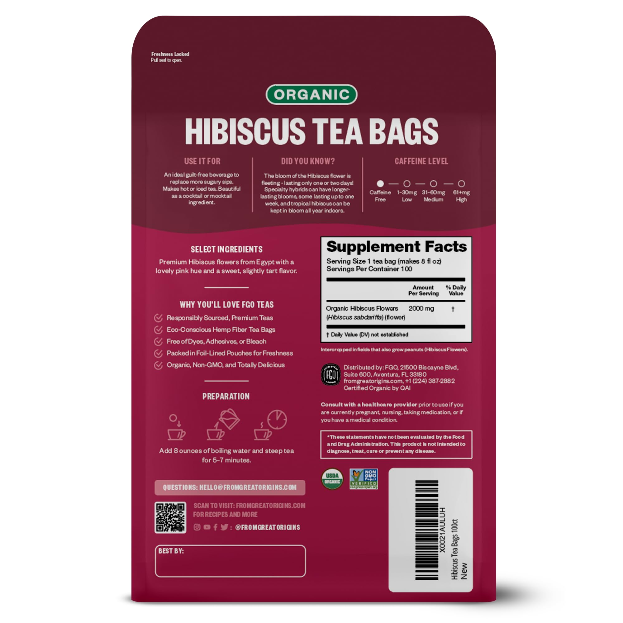 FGO Organic Hibiscus Tea, Eco-Conscious Tea Bags, 100 Count, Packaging May Vary