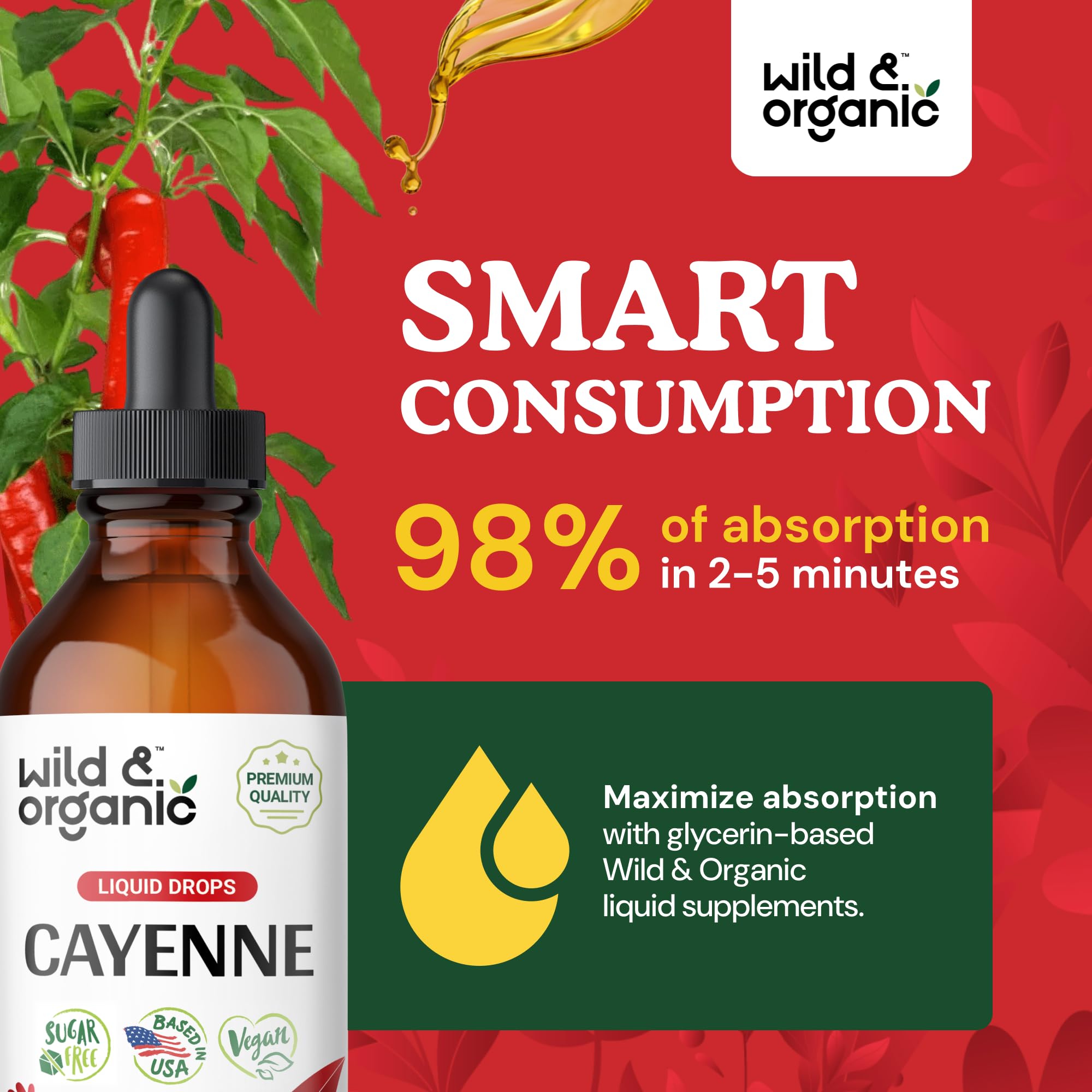 Wild & Organic Cayenne Pepper Tincture - Digestive Support with Capsaicin Extract - Cayenne Pepper Liquid Drops for Overall Well-Being - Unflavored, Vegan, Sugar & Alcohol-Free - 4 fl oz Wild & Organic Au supplements