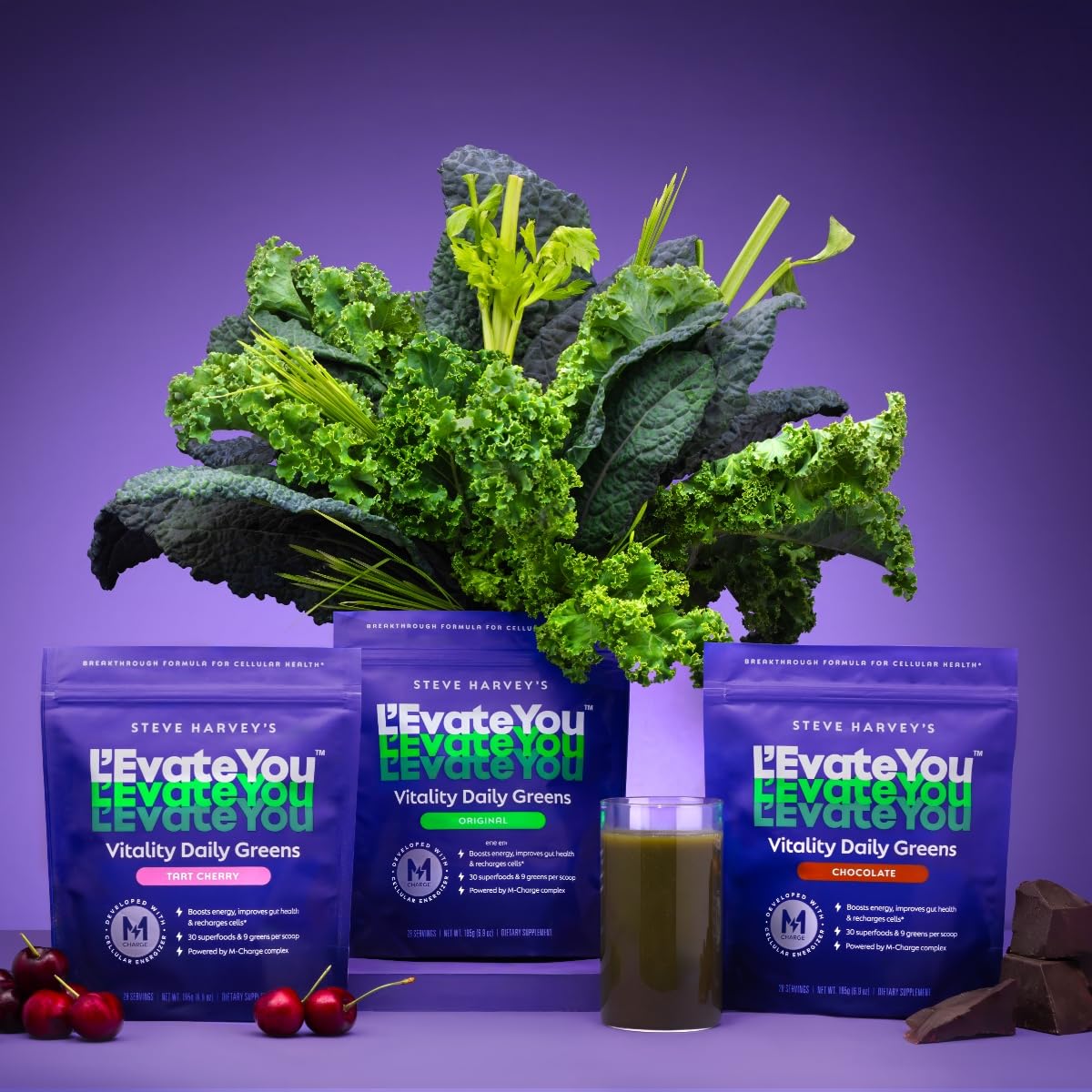 L'Evate You Vitality Daily Greens Powder (28 Servings) 30 Superfoods, 9 Greens - for a Cellular Energy Boost, Powered by M-Charge Complex for All Day Energy (Tart Cherry) Steve Harvey's L'Evate You Au supplements