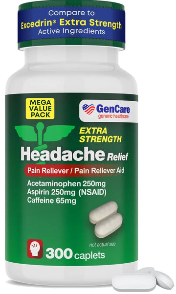 GenCare - Headache Relief Acetaminophen with Aspirin (NSAID) & Caffeine (300 Caplets) Value Pack | Head Pain, Muscle Aches, Back Pain & Body | Generic ExcedrEn Extra Strength GenCare Au supplements