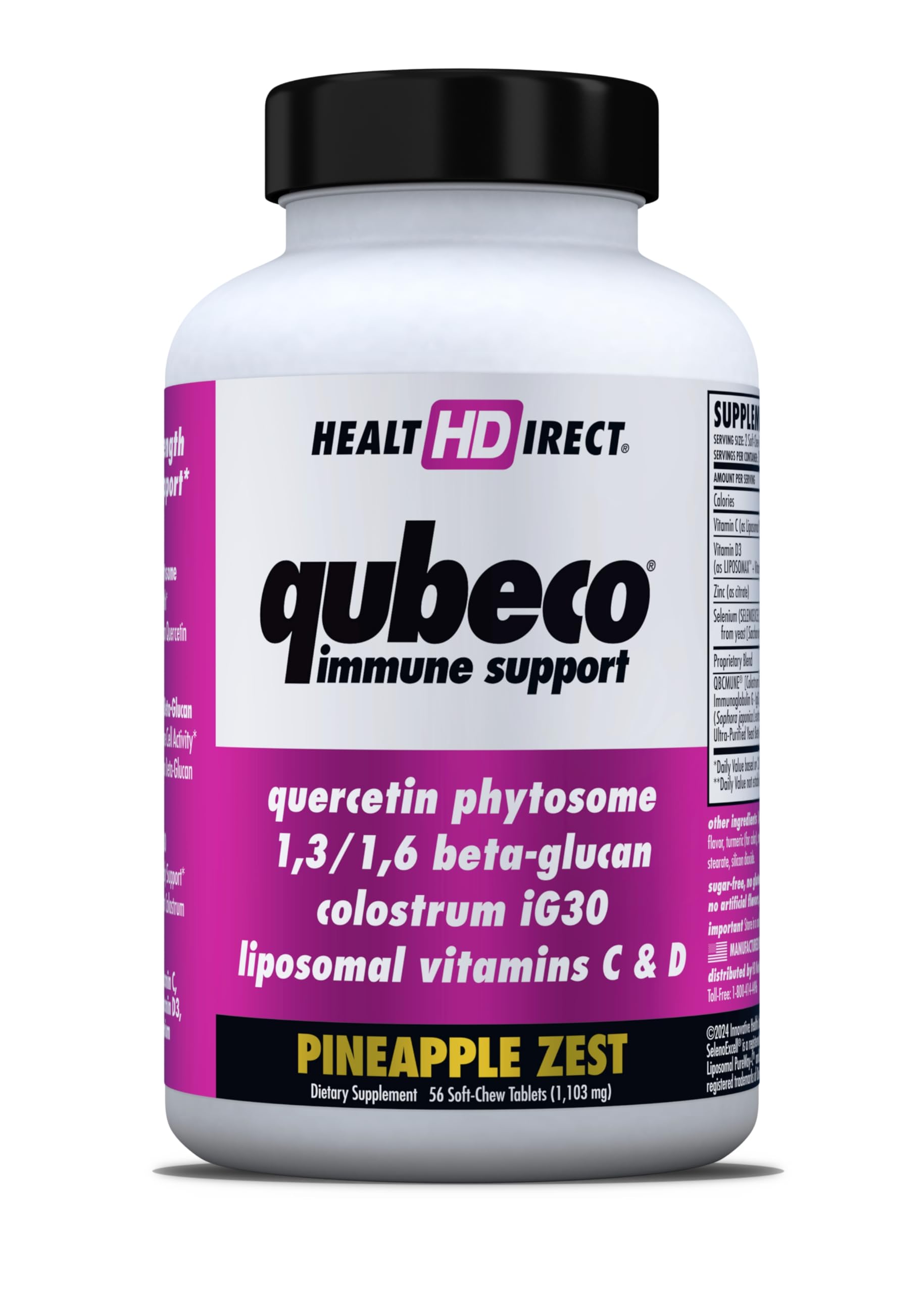 HEALTH DIRECT - Qubeco Immune Support with Vitamin D3, Liposomal Vitamin C, Quercetin, Beta-Glucan, Colostrum, Zinc, Selenium - Clinical Strength – 56 Soft Chew Tabs - 28 Day Supply - Pineapple Zest HEALTH DIRECT Au supplements