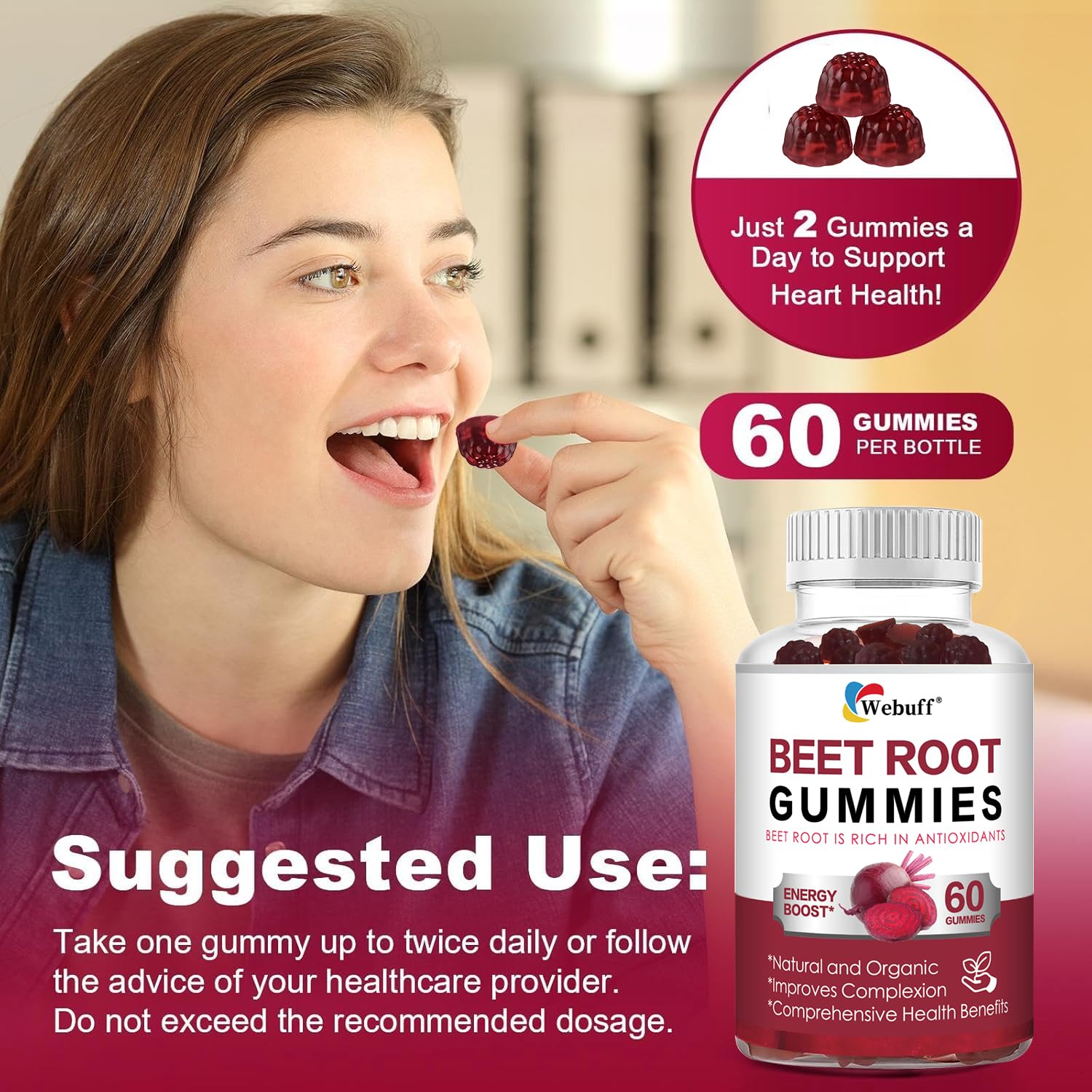 Webuff Beet Root Gummies - Nitric Oxide Booster with Organic Beet, Pomegranate & Grape Seed, Vitamin B12 - Energy, Circulation & Heart Health Support, Vegan, Non-GMO, 60 Count (Pack of 1) Webuff Au supplements