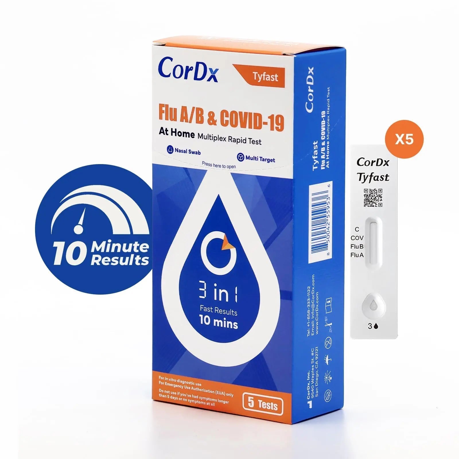 CorDx TyFast at Home Flu A/B & COVID-19 Multiplex Rapid Test Kit, Easy, Accurate, Fast Results in 10 Minutes, 3 in 1 Combo Kit, 5 Tests CorDx Au supplements