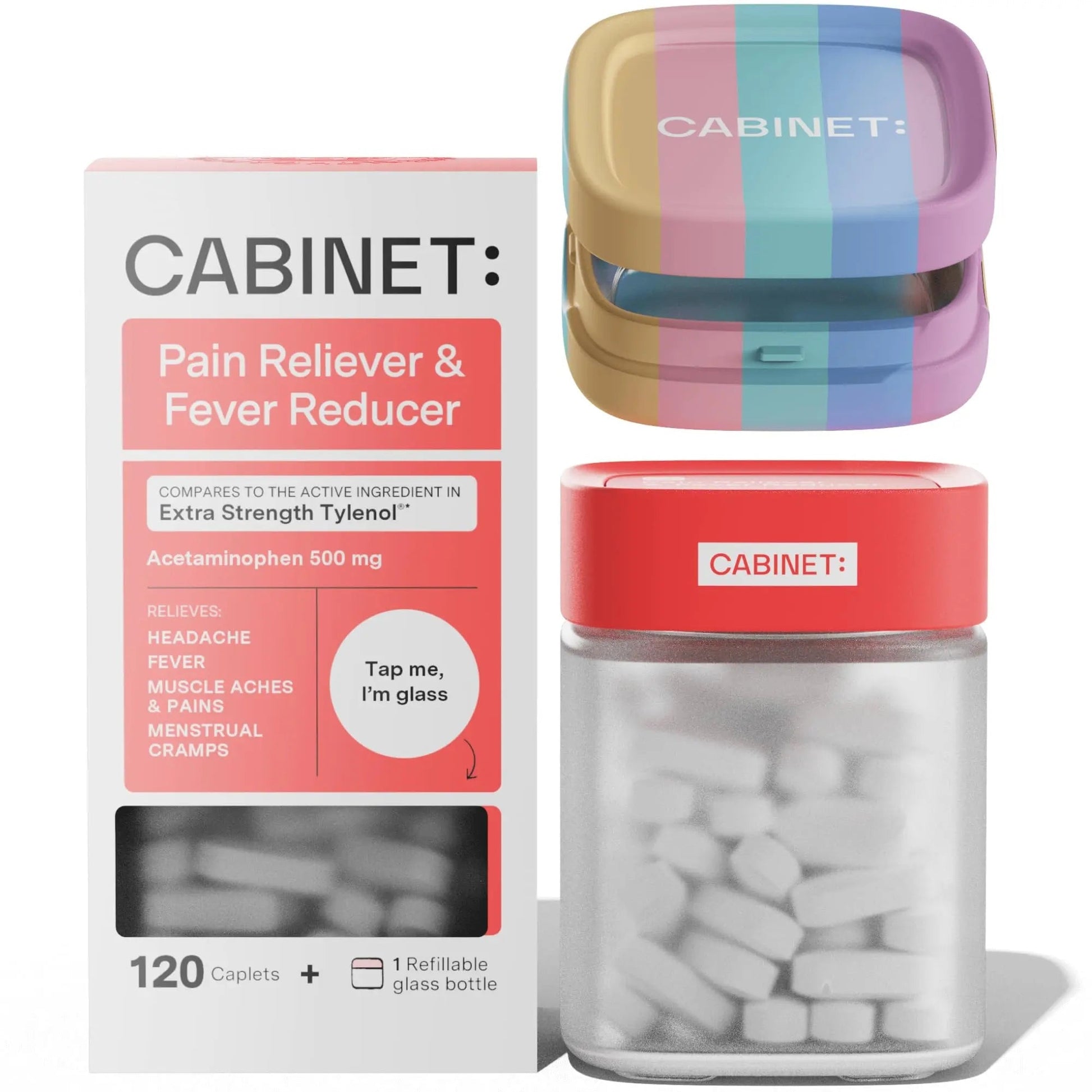 Cabinet: 500mg Acetaminophen for Headache Relief, Toothaches, Sore Throat, and Fever Reducer, Includes 1 Refillable Medicine Jar, 120 Tablets Refillable Glass Jar - w/Travel Tin Cabinet: Au supplements