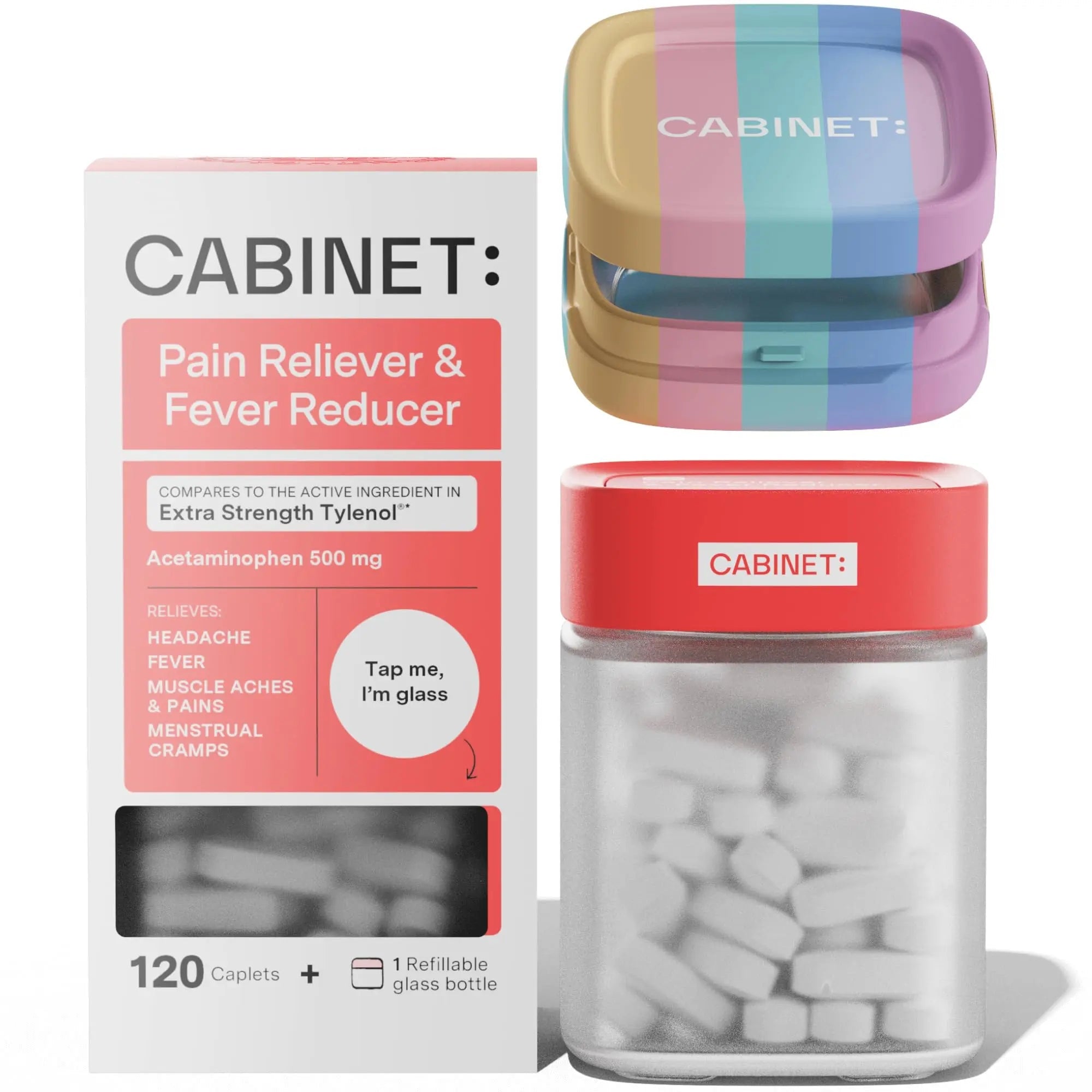 Cabinet: 500mg Acetaminophen for Headache Relief, Toothaches, Sore Throat, and Fever Reducer, Includes 1 Refillable Medicine Jar, 120 Tablets Refillable Glass Jar - w/Travel Tin Cabinet: Au supplements