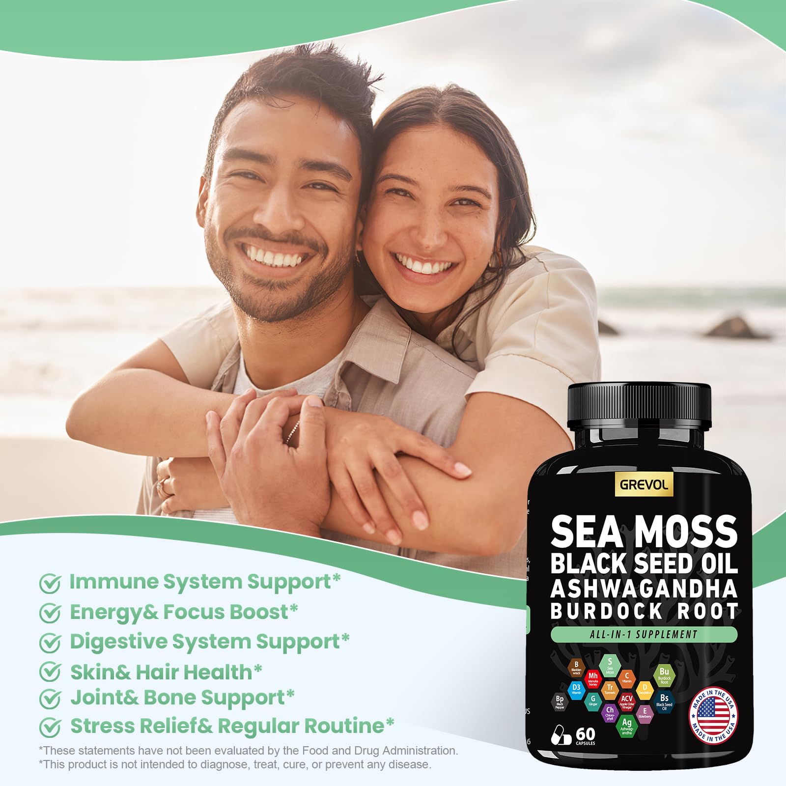 Sea Moss Black Seed Oil Ashwagandha Bladderwrack Burdock Root Turmeric & Vitamin C D3 Elderberry ACV Black Pepper - Multimineral Supplement - 60 Count Grevol Au supplements