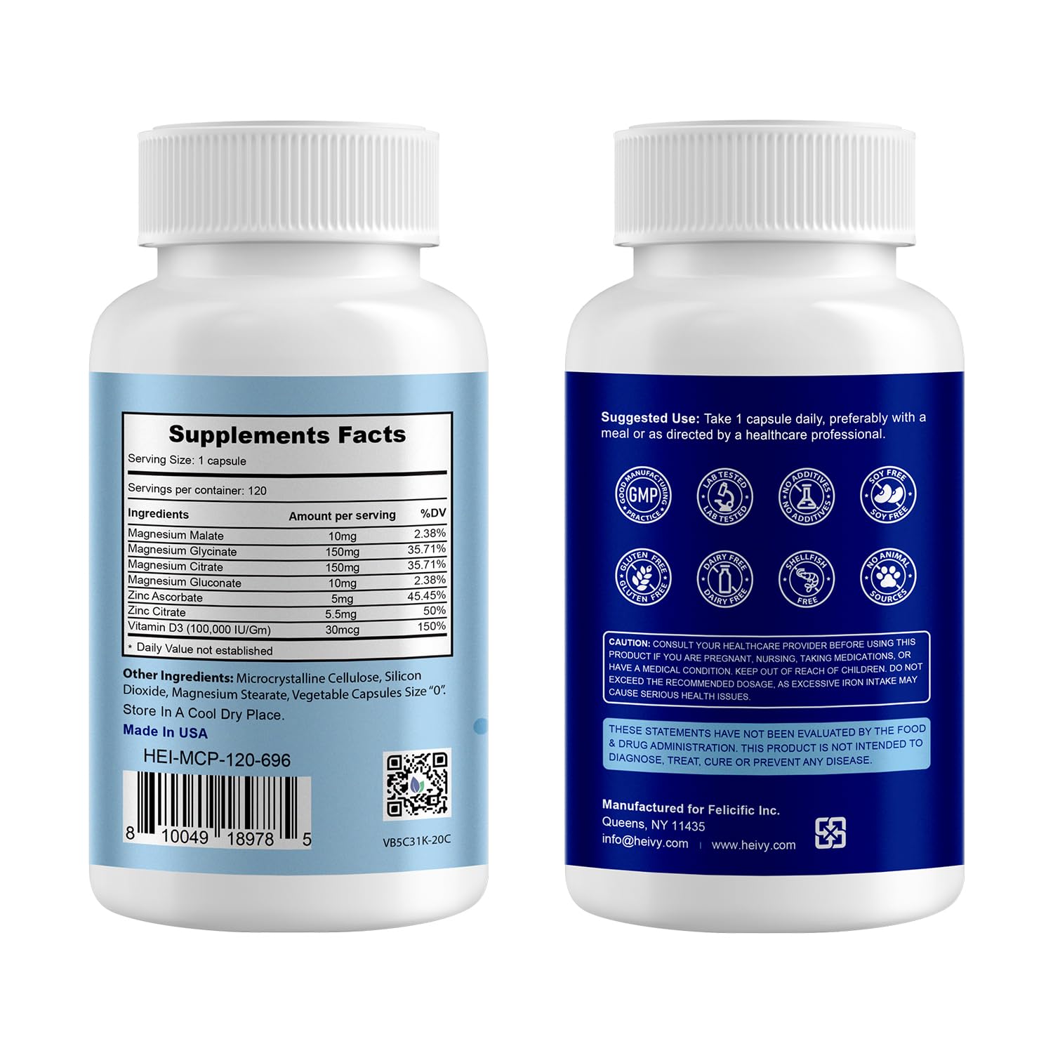 Heivy 4 in 1 Magnesium Complex with Zinc & Vitamin D3, 320mg Elemental Magnesium (Glycinate/Citrate/Gluconate/Malate), 120 Capsules (4 Months Supply), Vegan, Non-GMO, Gluten-Free, 3rd Party Tested Heivy Au supplements