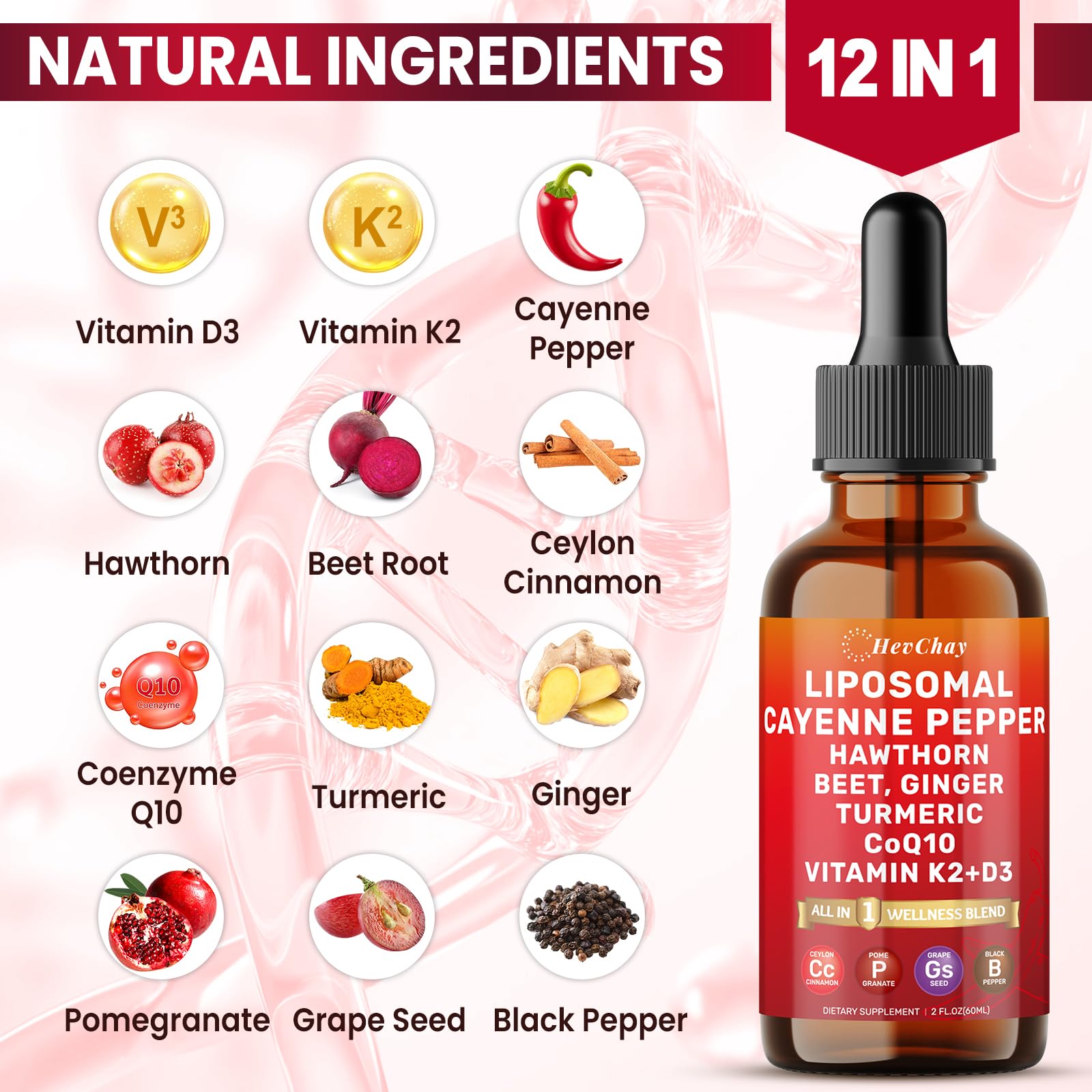 Cayenne Pepper Drops Liposomal Supplement Liquid + Hawthorn Berry, Vitamin D3 K2 Beet Root Powder, Ceylon Cinnamon, CoQ10, Turmeric Curcumin, Cayenne Pepper Extract - 2oz HevChay Au supplements
