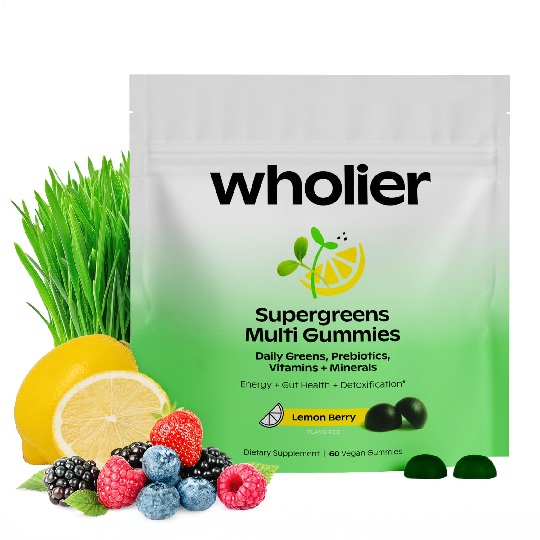 wholier Daily Supergreens Gummies, Greens Supplement with Prebiotics, Fiber, Adaptogens, Vegan Multivitamin, 9 Essential Vitamins + Minerals, 1g Sugar, 2 Gummy Serving (60 Gummies, 30 Day Supply) wholier Au supplements