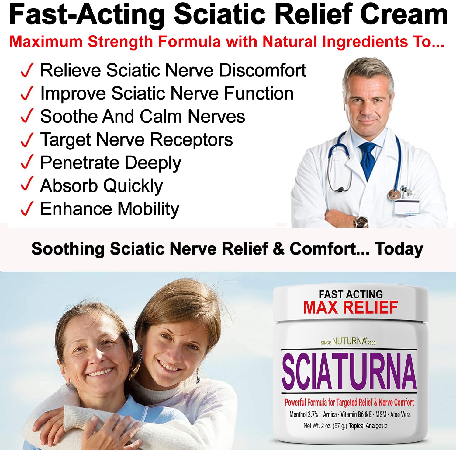 Sciatica Nerve Cream - Maximum Strength Comfort Cream for Feet, Hands, Legs, Toes, Back - Natural Ultra Strength Arnica, MSM, Menthol, Soothing Comfort, Large 4 Oz Nuturna Au supplements