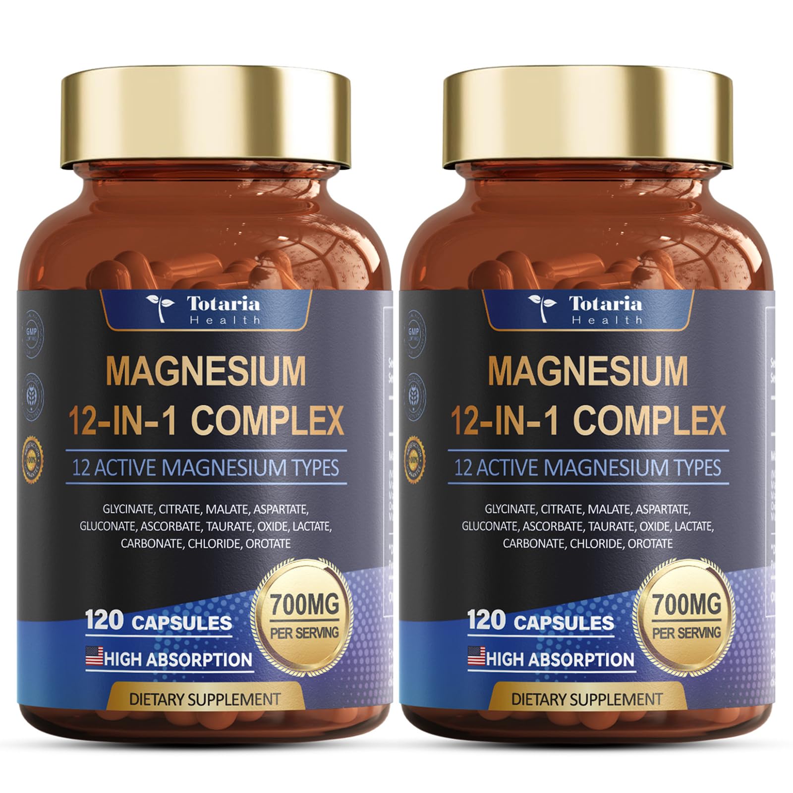 Magnesium Complex 700mg 12 in 1 Magnesium Supplement with Glycinate Citrate Malate Oxide Taurate Aspartate Orotate Magnesium Relaxation,Muscle,Heart Support, Vegan 120 Capsules 2PK Totaria Au supplements