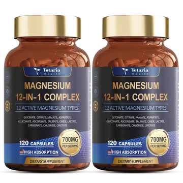Magnesium Complex 700mg 12 in 1 Magnesium Supplement with Glycinate Citrate Malate Oxide Taurate Aspartate Orotate Magnesium Relaxation,Muscle,Heart Support, Vegan 120 Capsules 2PK Totaria Au supplements