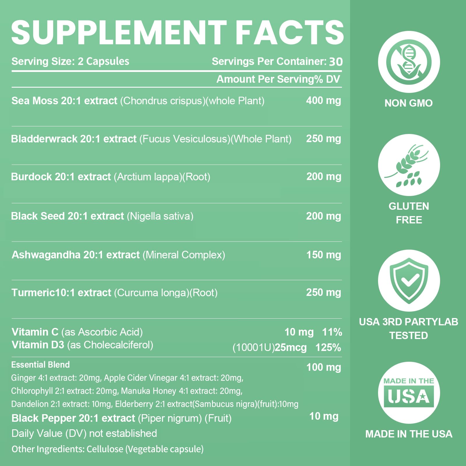Sea Moss Black Seed Oil Ashwagandha Bladderwrack Burdock Root Turmeric & Vitamin C D3 Elderberry ACV Black Pepper - Multimineral Supplement - 60 Count Grevol Au supplements