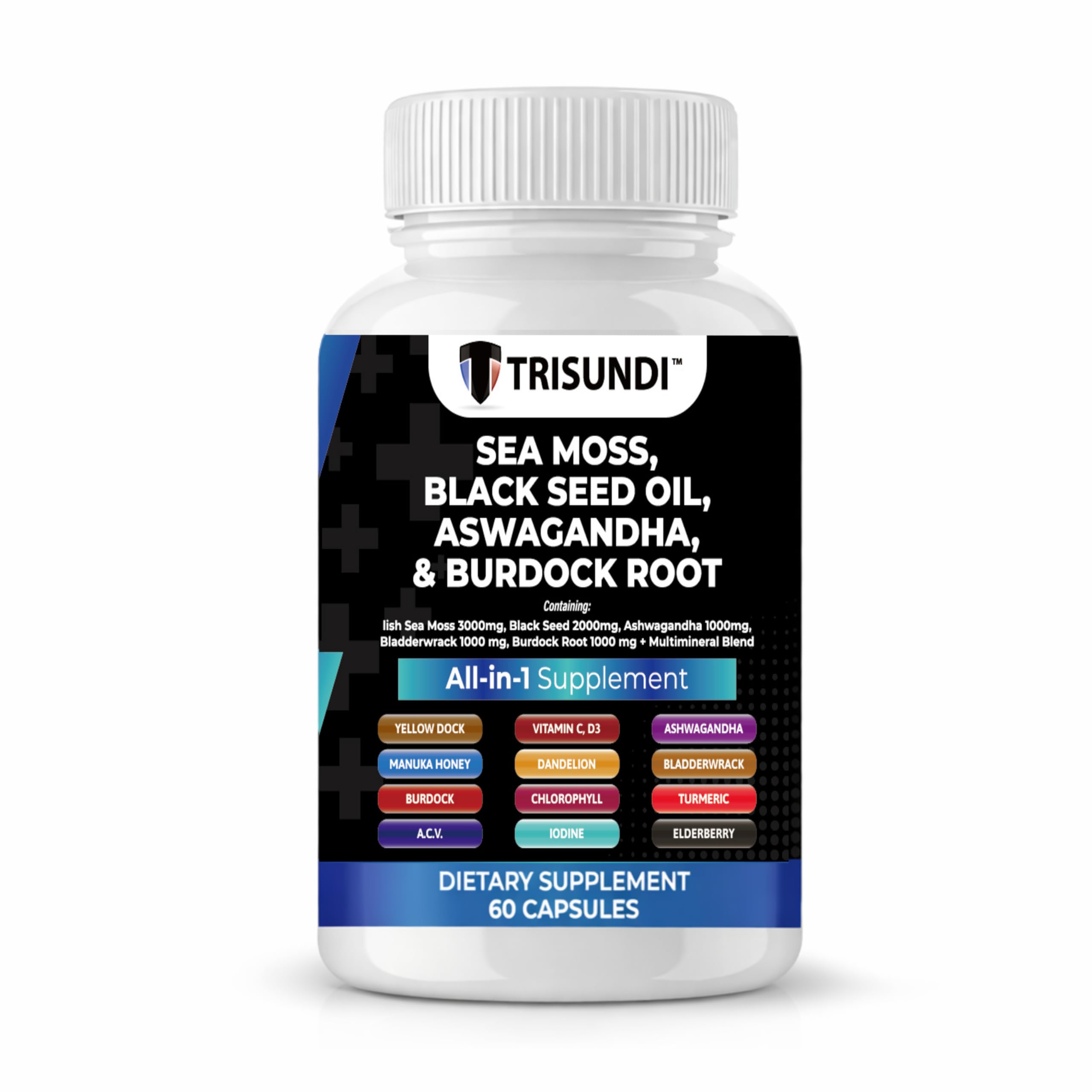 Trisundi Sea Moss Complex with Black Seed Oil, Ashwagandha & Burdock Root – All-in-One Herbal Supplement with Vitamins & Minerals – 60 Capsules Trisundi Au supplements