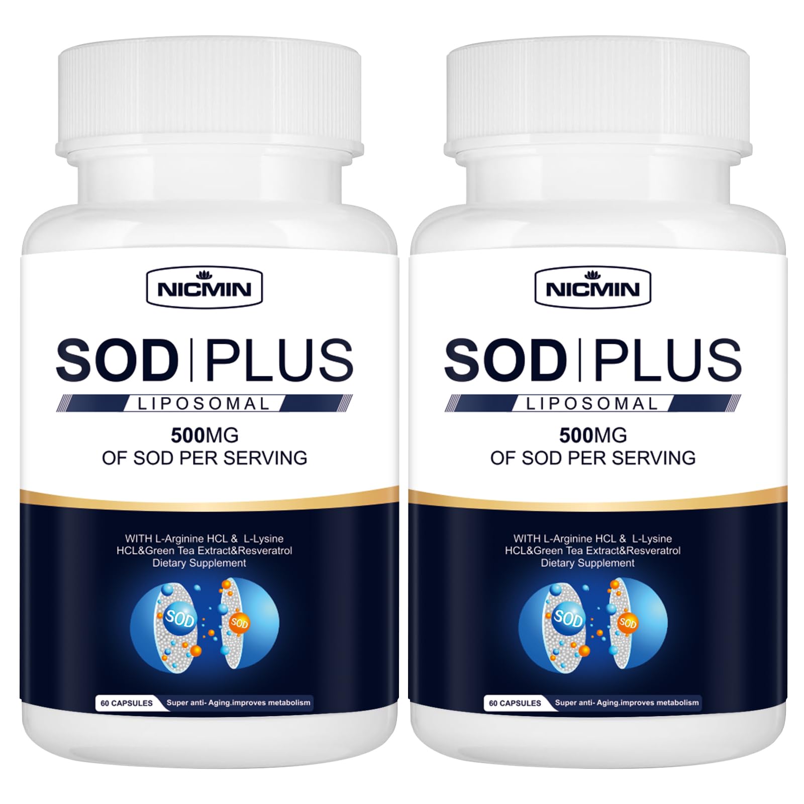 NICMIN 500MG Superoxide Dismutase Supplement - SOD Plus with Liposomal Glutathione, AKG, Green Tea Extract, L-Arginine, Lysine, Resveratrol and Vitamin E for Immune Support, Antioxidant 120 Capsules NICMIN Au supplements