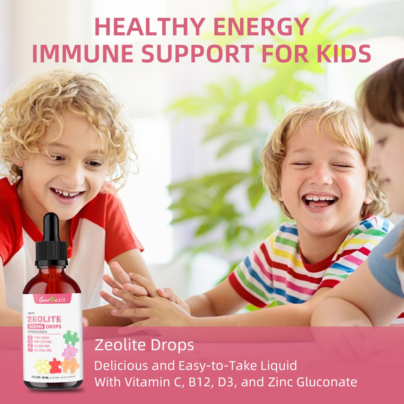 Geeoasis Zeolite Detox for Kids & Adults, 300 mg Zeolite Clinoptilolite Liquid with Vitamin B12 & D3, Vitamin C & Zinc Gluconate, Immune Support & Gut Health, Natural Strawberry Flavor, 2 Fl Oz Geeoasis Au supplements