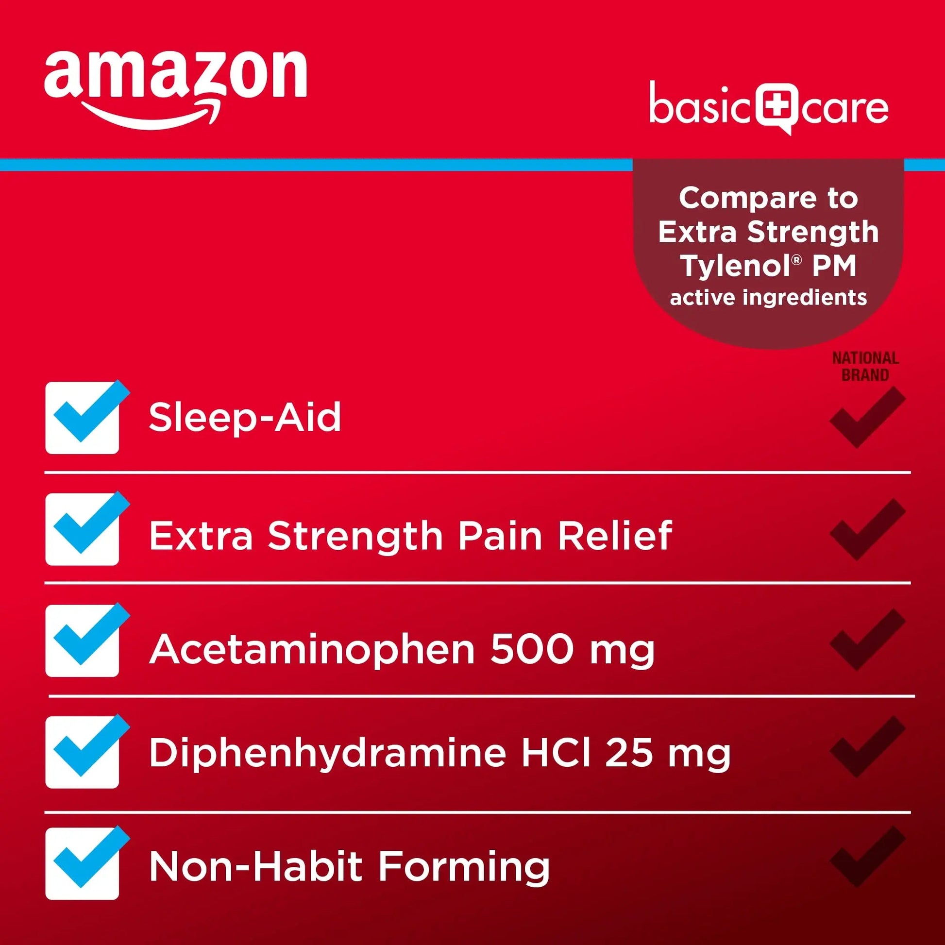 Amazon Basic Care Acetaminophen PM, Pain Reliever Plus Nighttime Sleep Aid, Blue, 100 Count Amazon Basic Care Au supplements