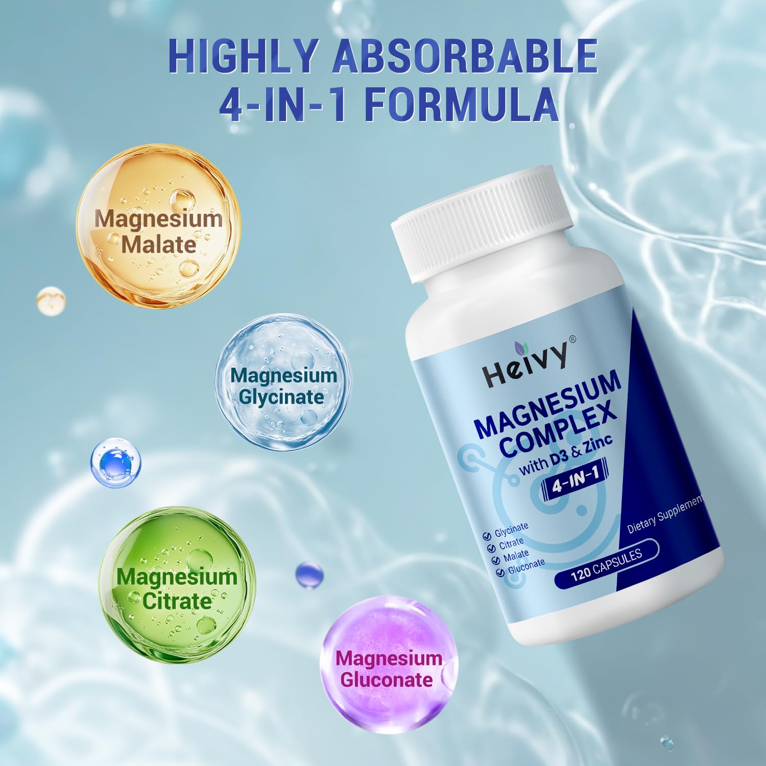 Heivy 4 in 1 Magnesium Complex with Zinc & Vitamin D3, 320mg Elemental Magnesium (Glycinate/Citrate/Gluconate/Malate), 120 Capsules (4 Months Supply), Vegan, Non-GMO, Gluten-Free, 3rd Party Tested Heivy Au supplements