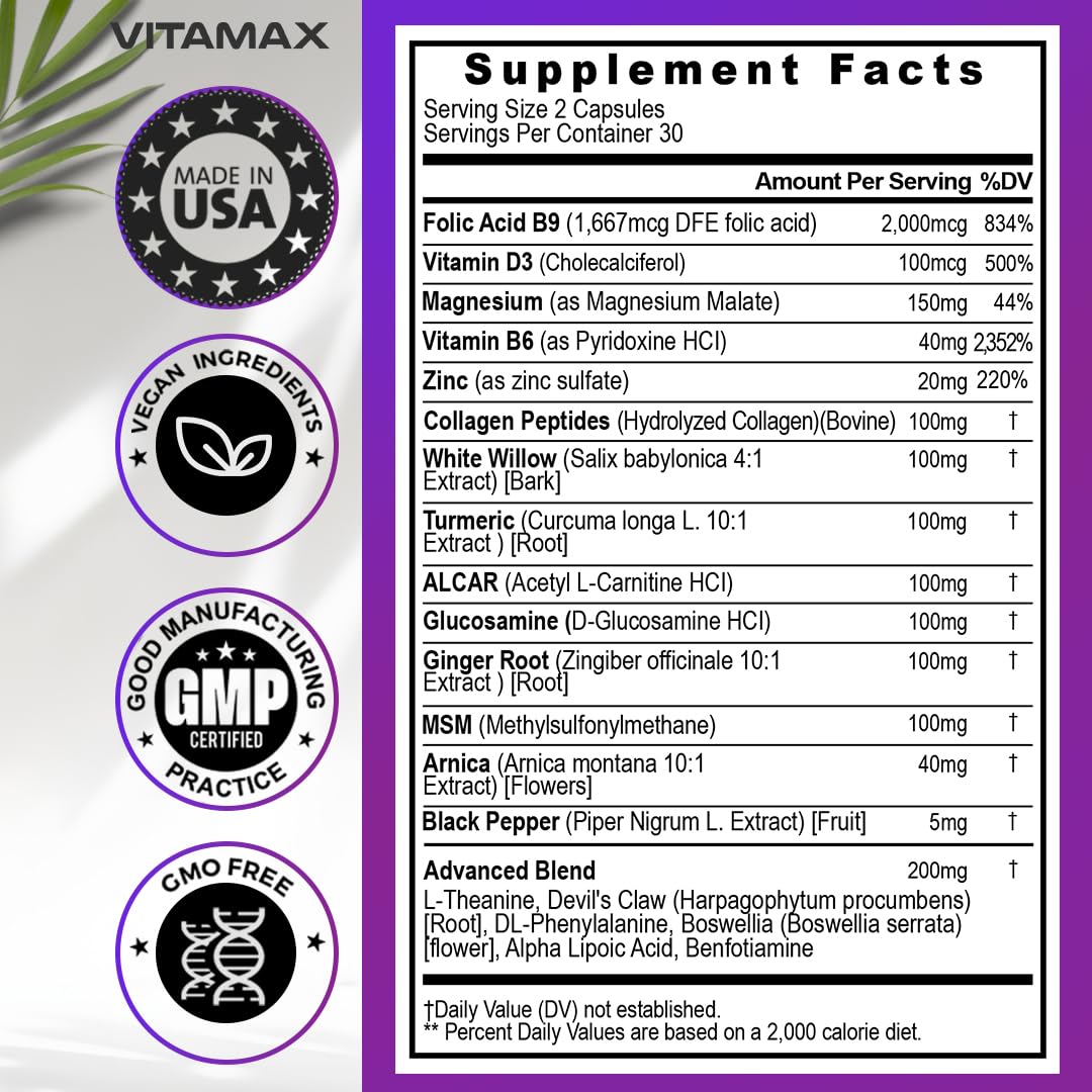 Sciatic Nerve Health Support - Sciatic Nerve Supplement Capsules with Folic Acid, Pea, Glucosamine, MSM, Vitamin B Complex, Alpha Lipoic Acid 300mg – 60ct – Made in USA Vitamax Au supplements