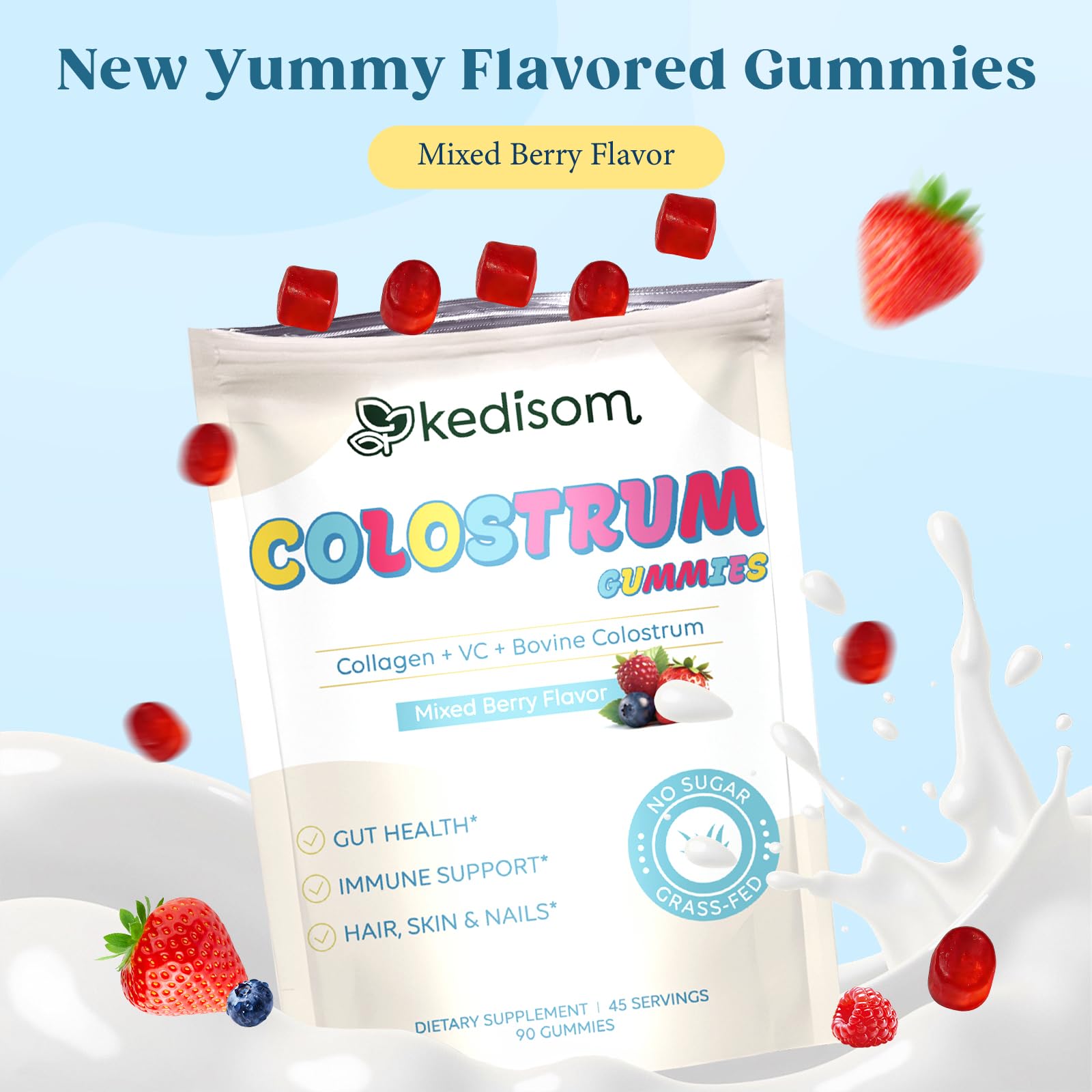 KEDISOM Colostrum Gummies, Grass Fed Colostrum Supplement, 90 Bovine Colostrum Gummies, 45 Servings, Mixed Berry, Sugar-Free KEDISOM Au supplements