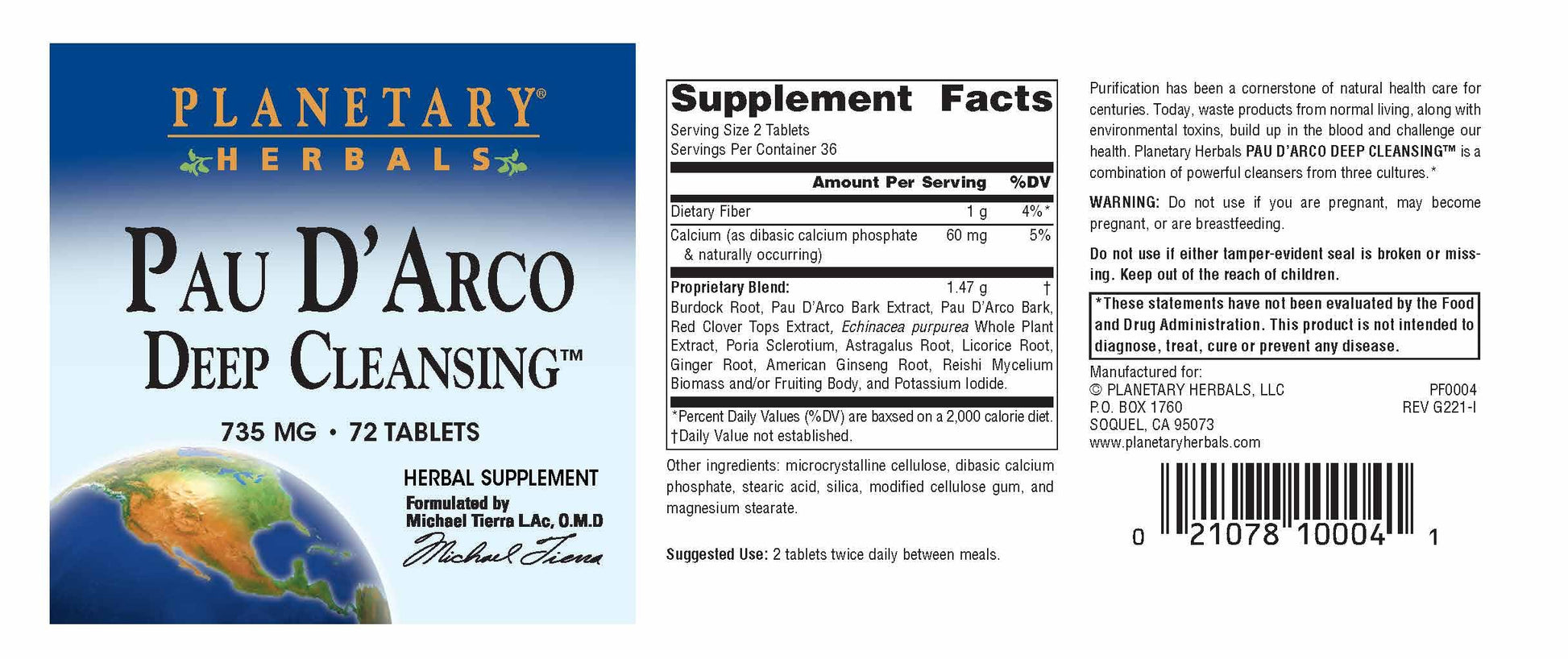 Planetary Herbals PAU D'Arco Deep Cleansing, Herbal Supplement, 735 mg - 72 Tablets Planetary Herbals Au supplements