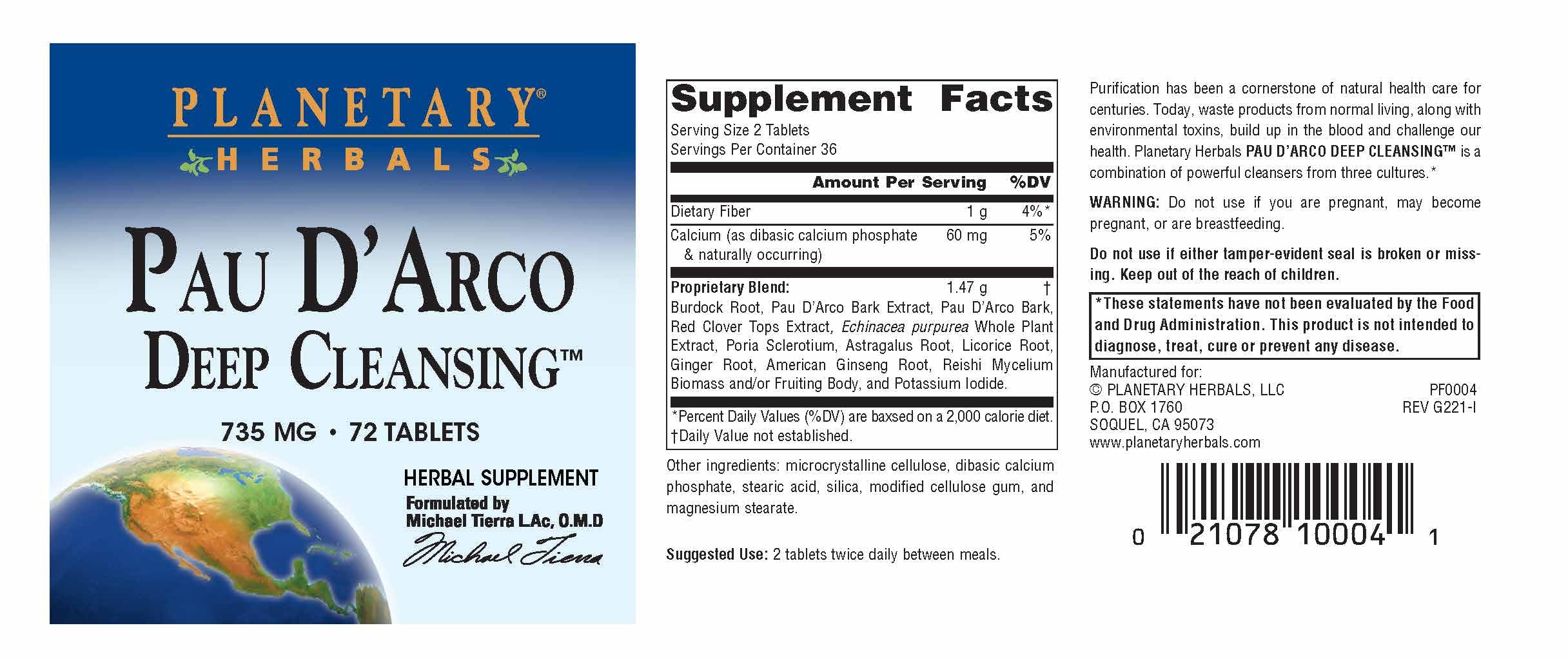 Planetary Herbals PAU D'Arco Deep Cleansing, Herbal Supplement, 735 mg - 72 Tablets Planetary Herbals Au supplements