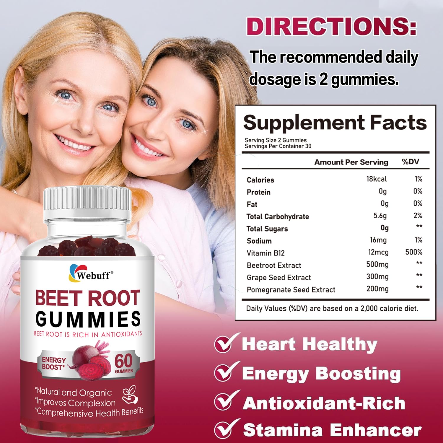 Webuff Beet Root Gummies - Nitric Oxide Booster with Organic Beet, Pomegranate & Grape Seed, Vitamin B12 - Energy, Circulation & Heart Health Support, Vegan, Non-GMO, 60 Count (Pack of 1) Webuff Au supplements