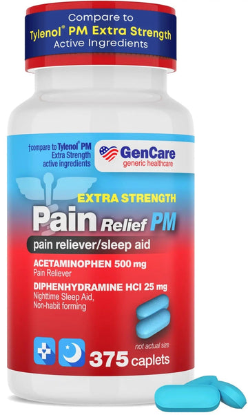 GenCare Extra Strength Acetaminophen PM 500 mg (375 Tablets) | Ultimate Pain Relief & Sleep Support for Adults | Quick Acting & Non Habit Forming Headache Relief | Eases Aches & Joint Discomfort GenCare Au supplements