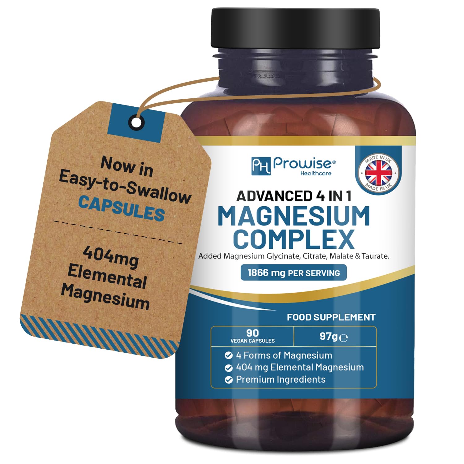 Magnesium Glycinate Complex 4 in 1-1866mg per Serving | Precise 404mg Elemental Magnesium dose | Added Magnesium Glycinate, Citrate, Malate & Taurate | 90 Vegan Capsules - by Prowise PH PROWISE Healthcare Au supplements