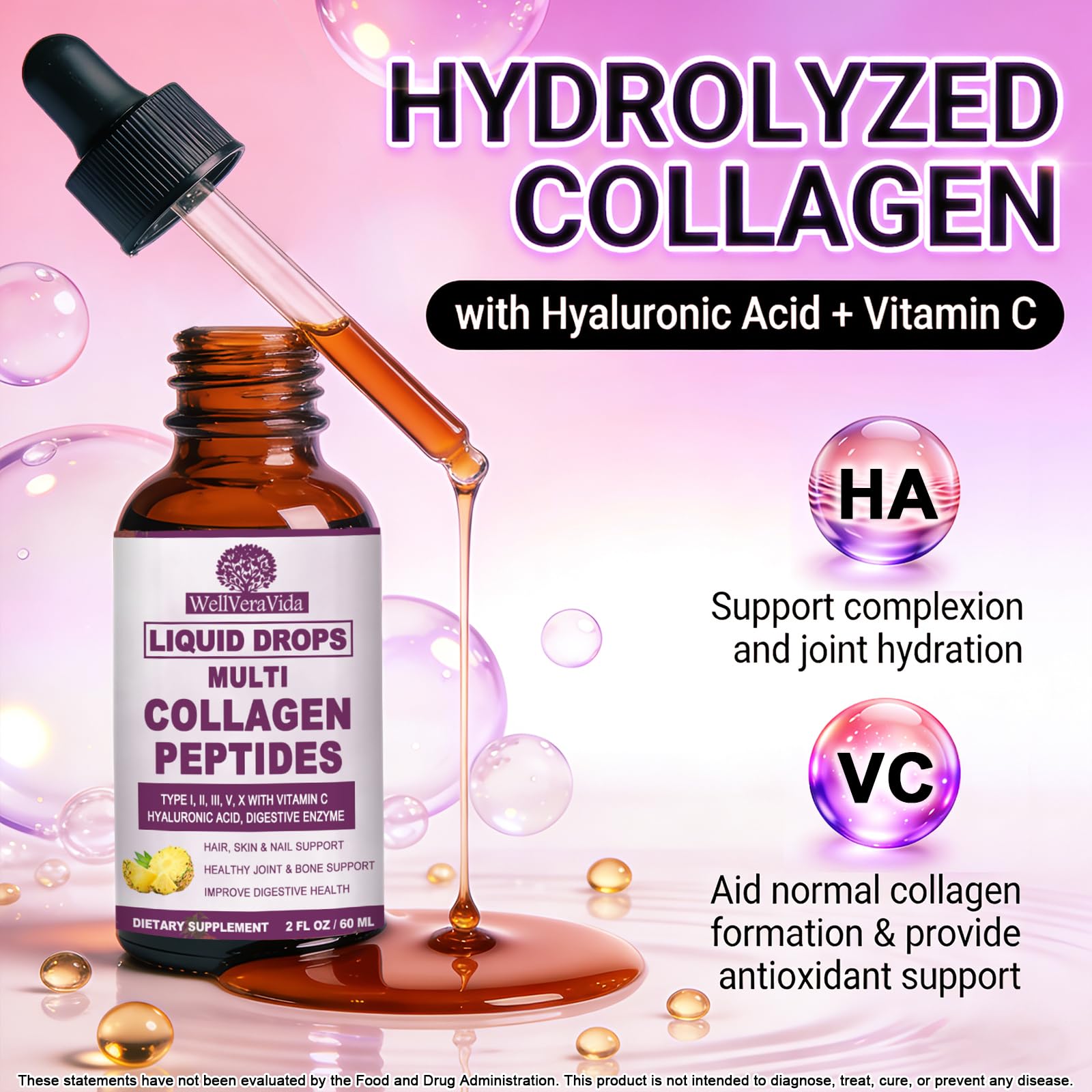 Multi Collagen Peptides Liquid Drops, 2oz – Types I, II, III, V, X, Hydrolyzed Collagen Complex for Hair, Skin, Nails, Bones & Joint Support | Collagen Supplement w. Hyaluronic Acid, Biotin, Vitamin C WellVeraVida Au supplements