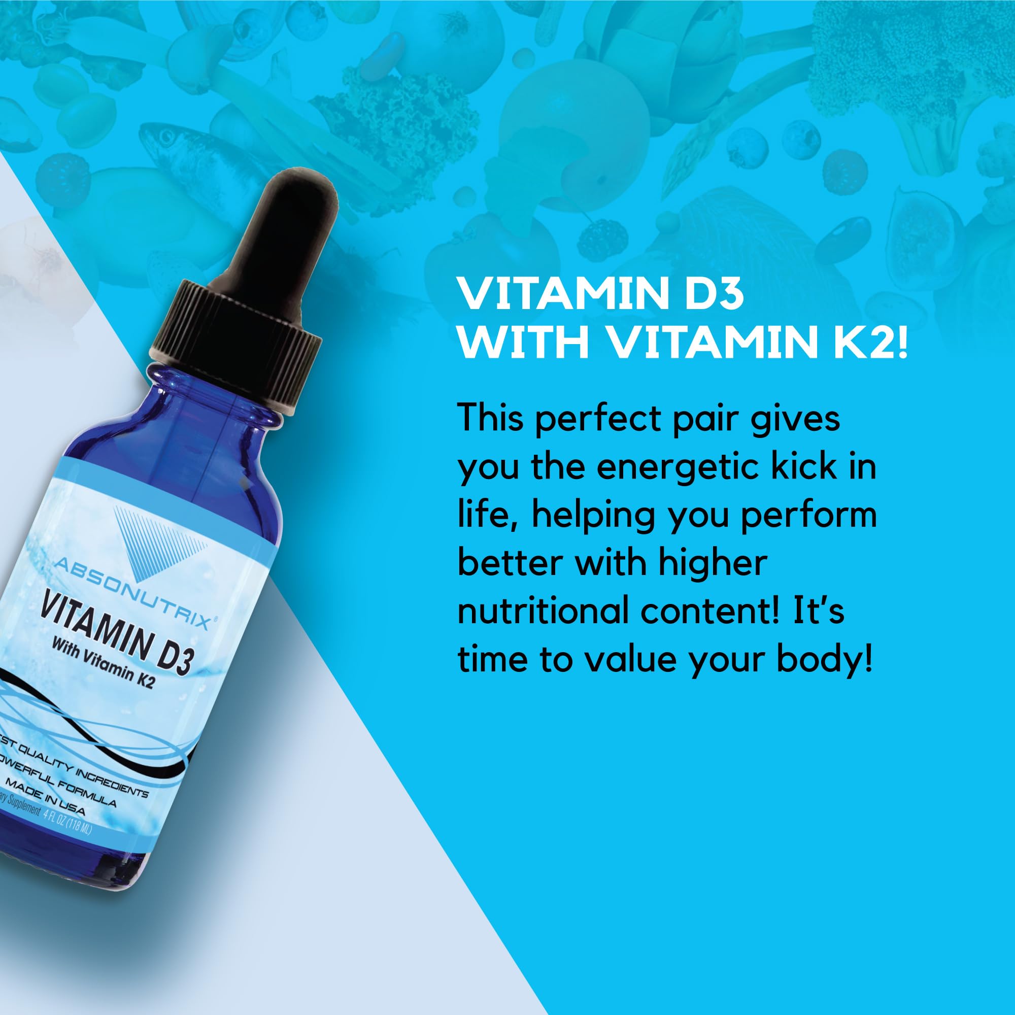 Absonutrix Vitamin D3 K2 Drops, 390mg, 4 Oz Liquid, 302 Servings, Made in USA, Quick Absorption, Quality Potent Ingredients, Non-GMO, GMP Certified, Cruelty-Free Products, Bone Strength Supplements Absonutrix Au supplements