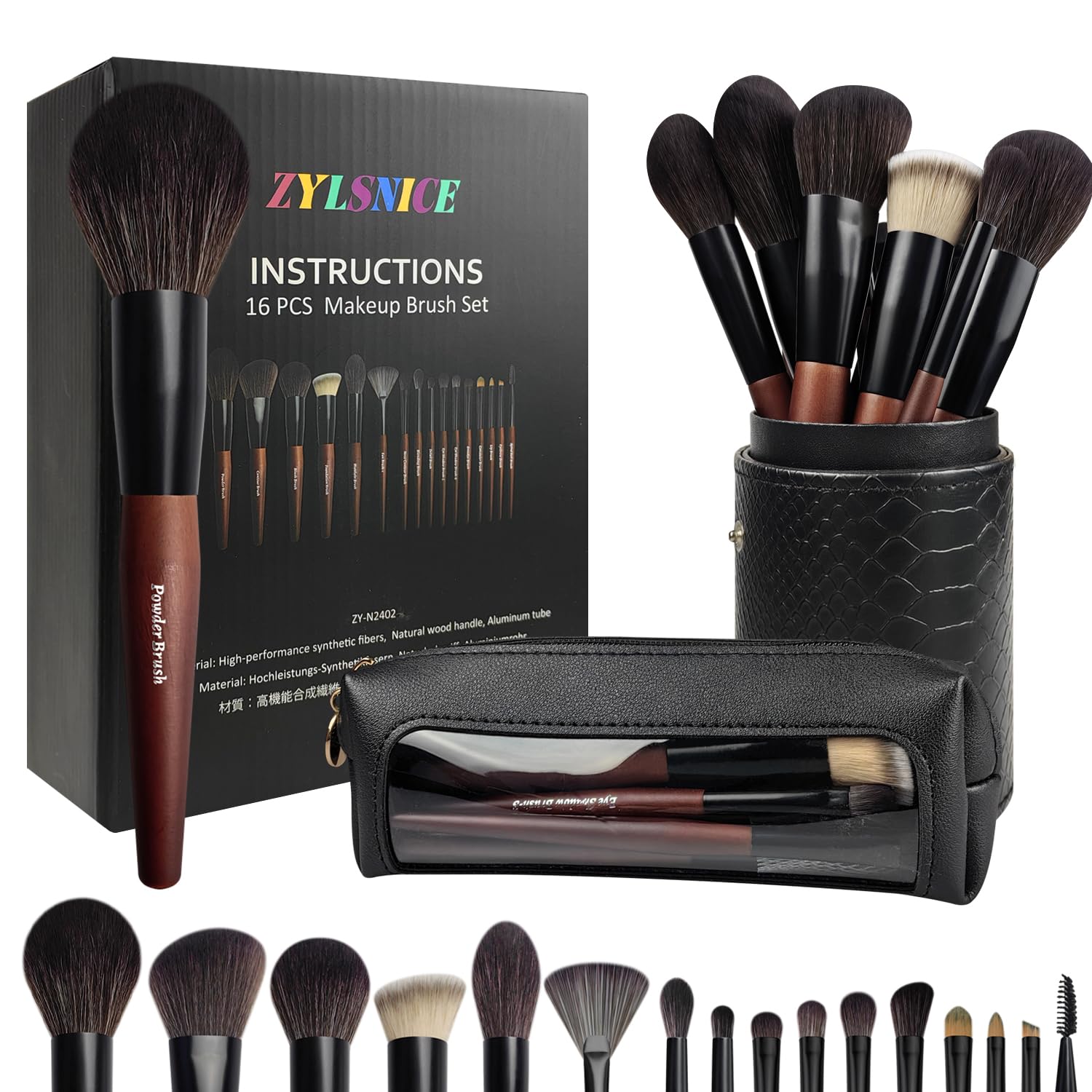 Makeup Brushes 16 Pcs Makeup Brush Set Professional, Wood Handle Travel Make Up Brushes Set with Case, Premium Cruelty-Free Synthetic Fiber Hair Makeup Brush Kit with Holder Zylsnice Au supplements