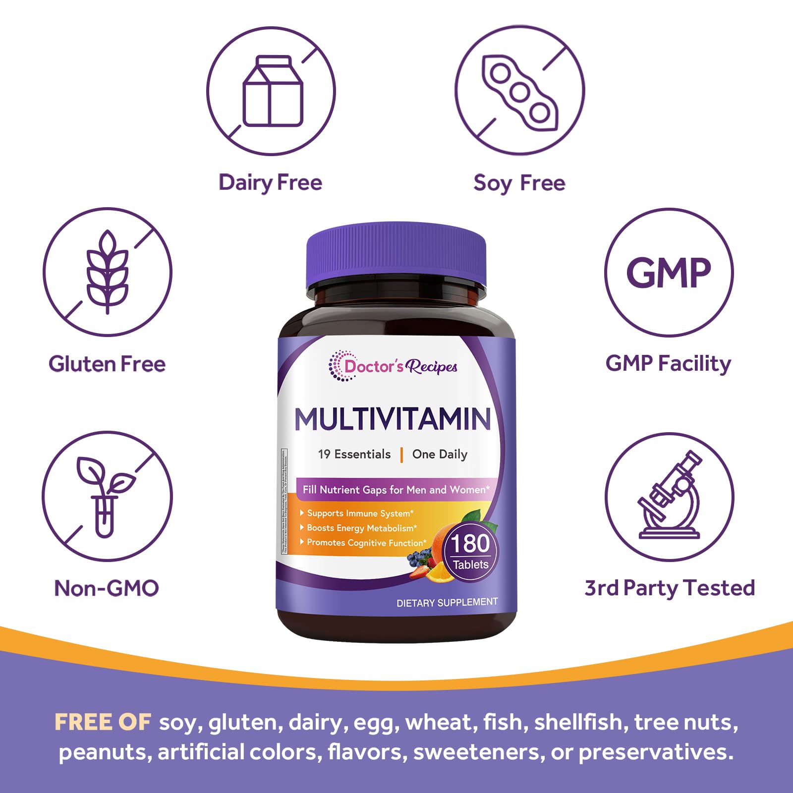 Doctor's Recipes Multivitamin for Women & Men, Immune, Energy & Brain Health Support, Vitamin A, C, D3, E, B6, B12, Folic Acid