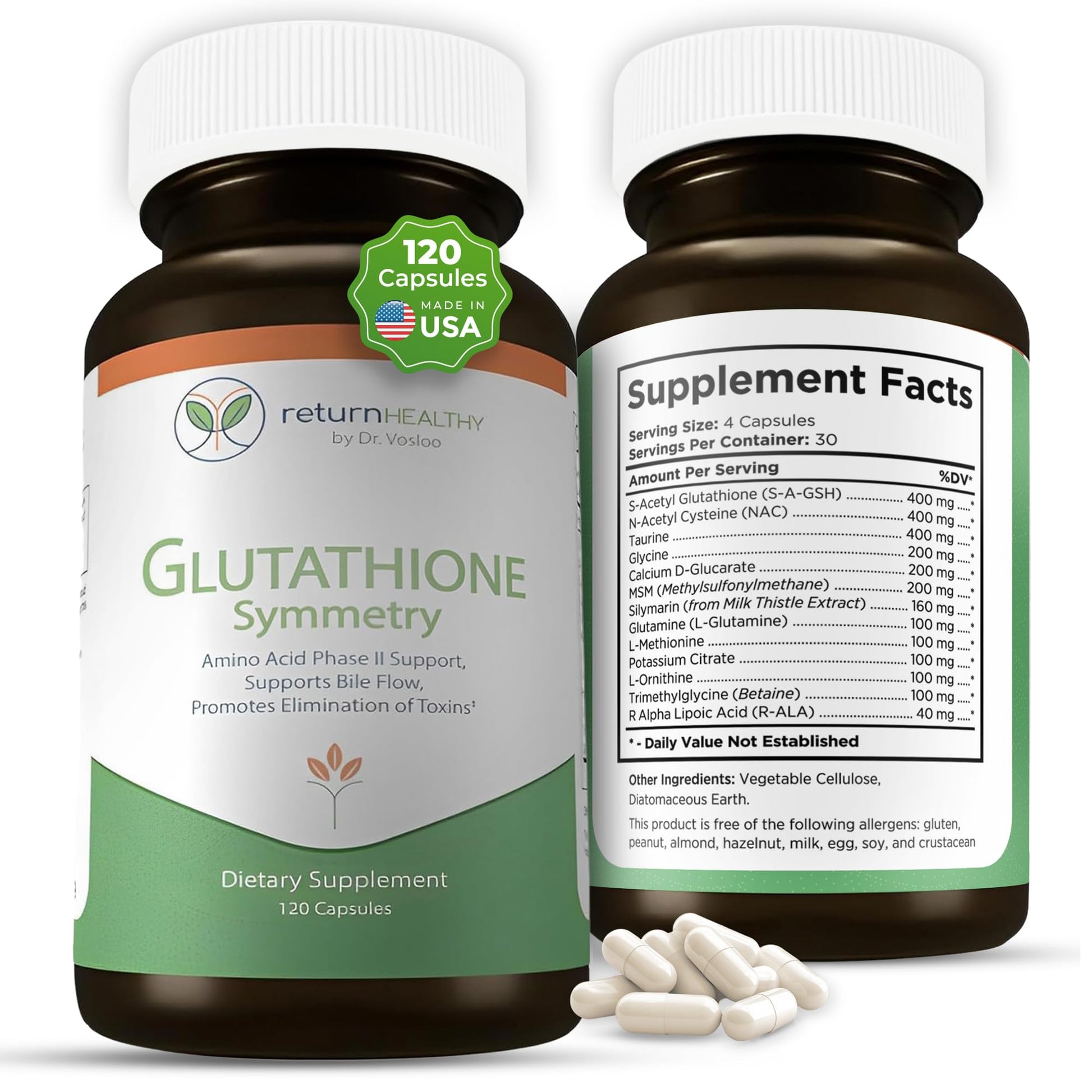 Return Healthy Glutathione Symmetry | S-Acetyl Glutathione Supplement | Antioxidants & Detoxification Supplement | Natural Cellular Support | All-Natural, Vegan, Non-GMO, 120 caps Return Healthy Au supplements